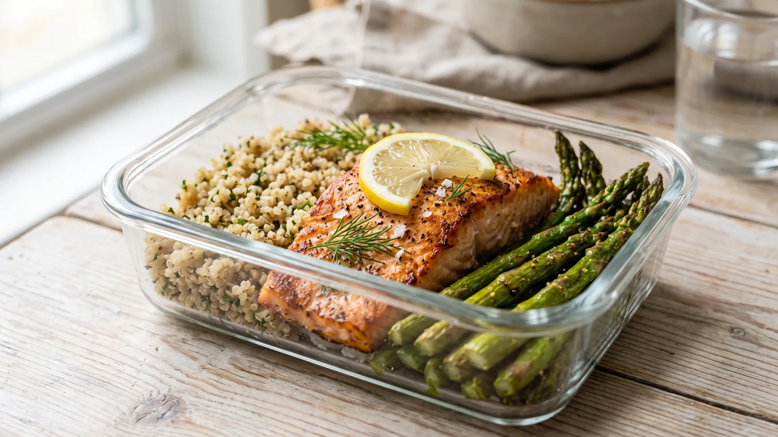 Marmita fitness com salmão assado, quinoa e aspargos