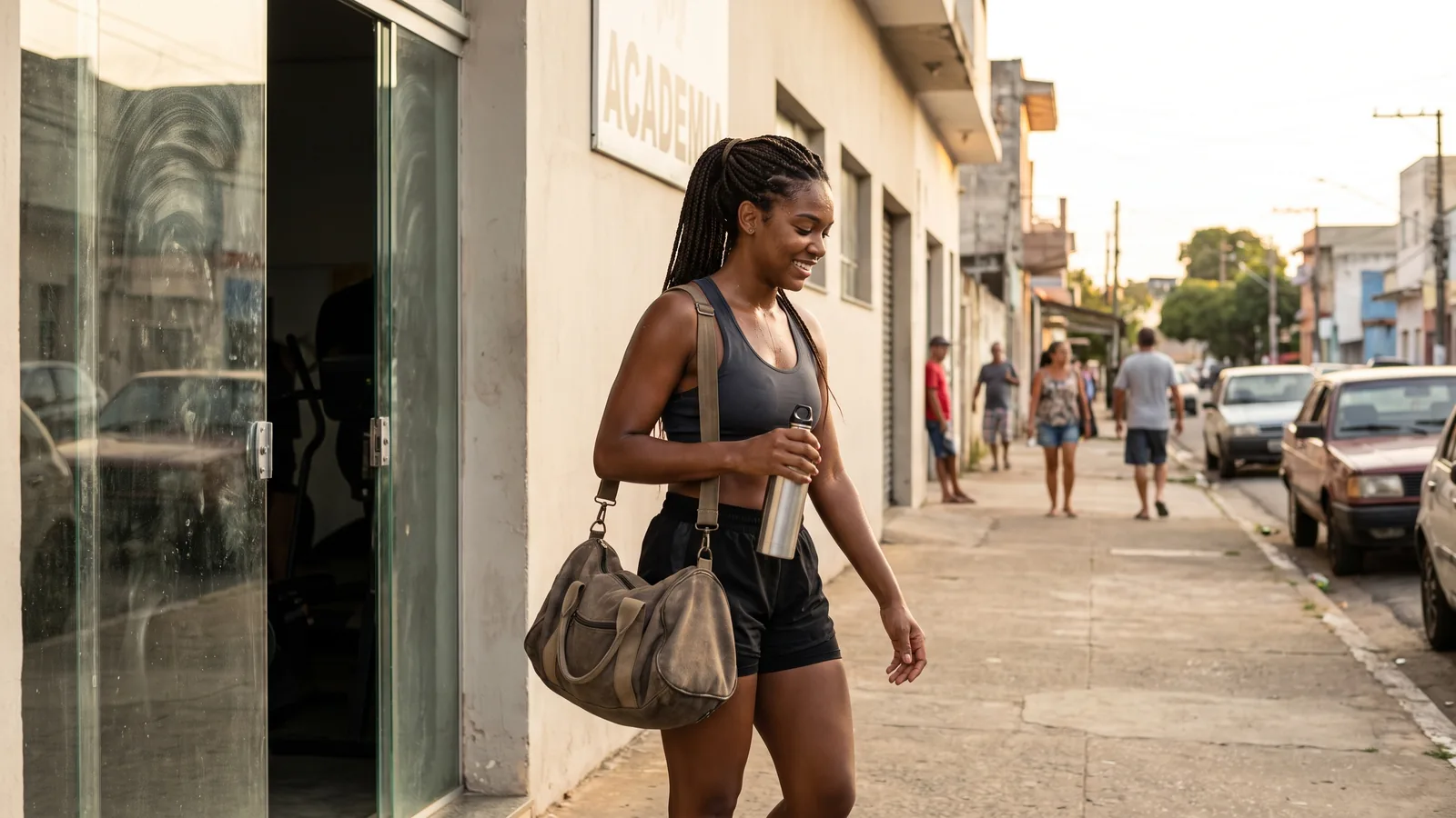 Mulher brasileira saindo da academia com uma garrafa de água após o treino