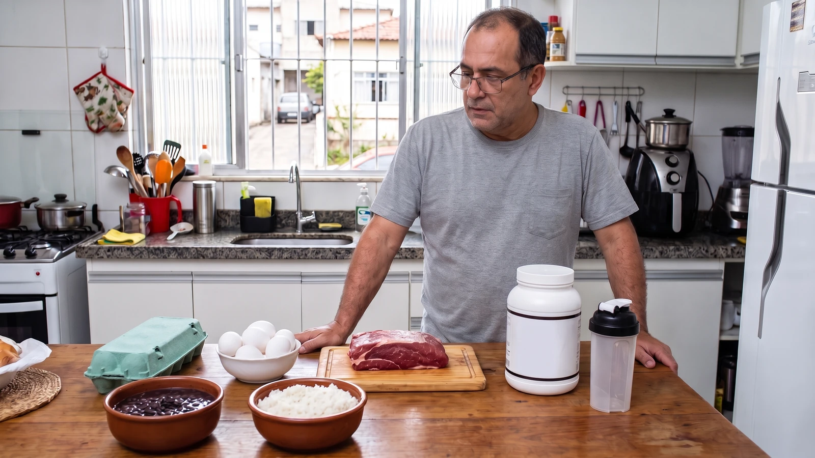 Homem brasileiro comparando alimentos comuns com suplemento de proteína