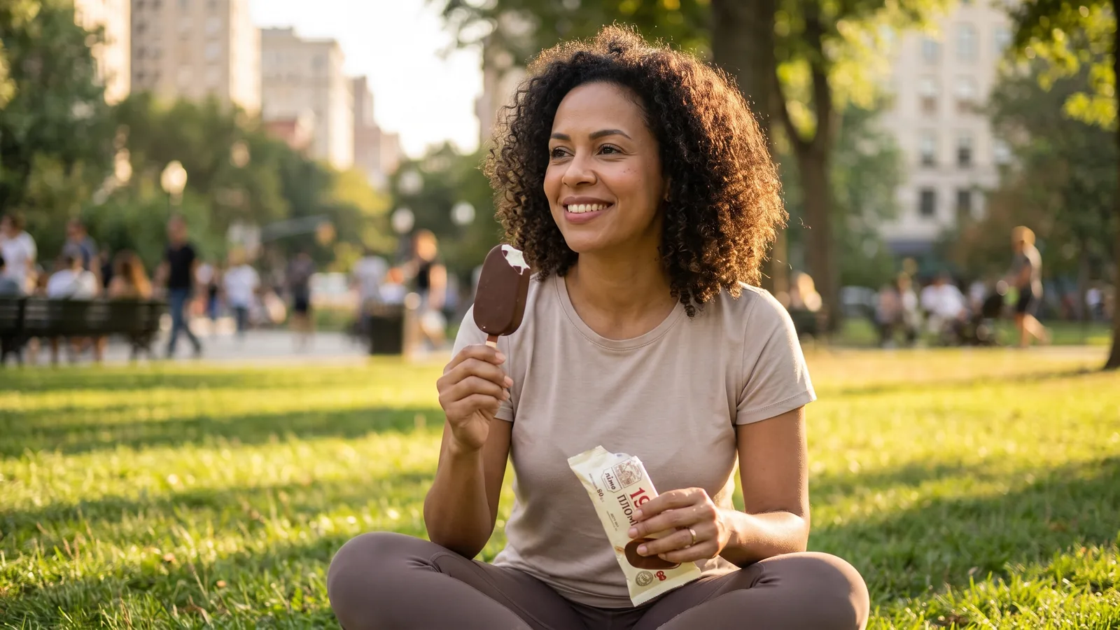 Mulher brasileira aproveitando uma pequena porção de sorvete como parte de uma alimentação equilibrada