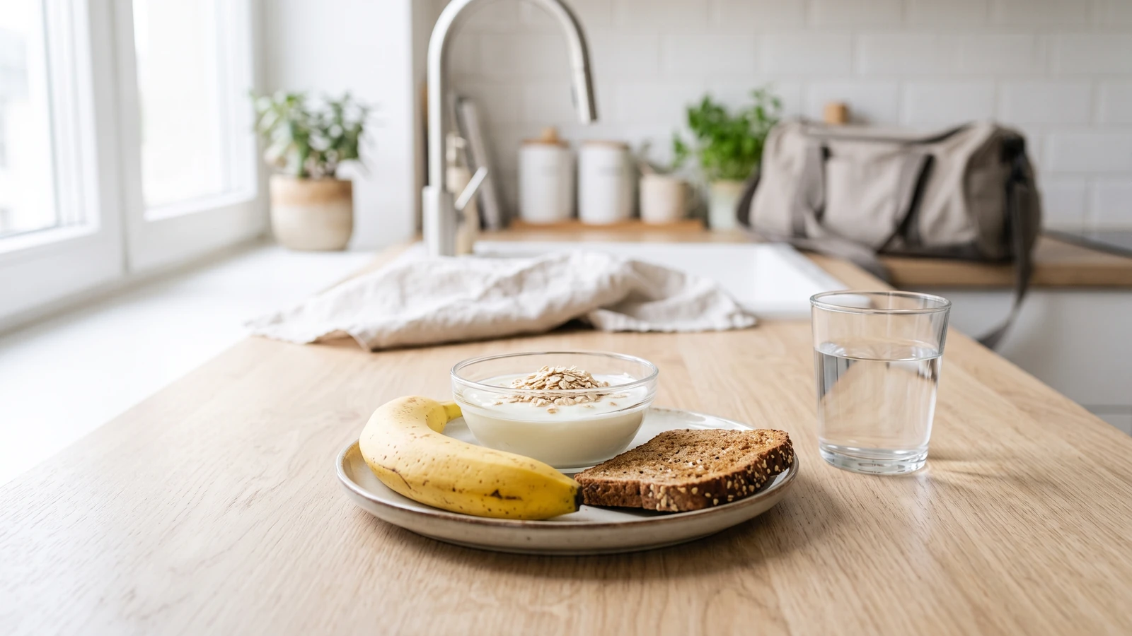 Lanche simples antes do treino com banana, iogurte, aveia e pão integral sobre a mesa da cozinha.