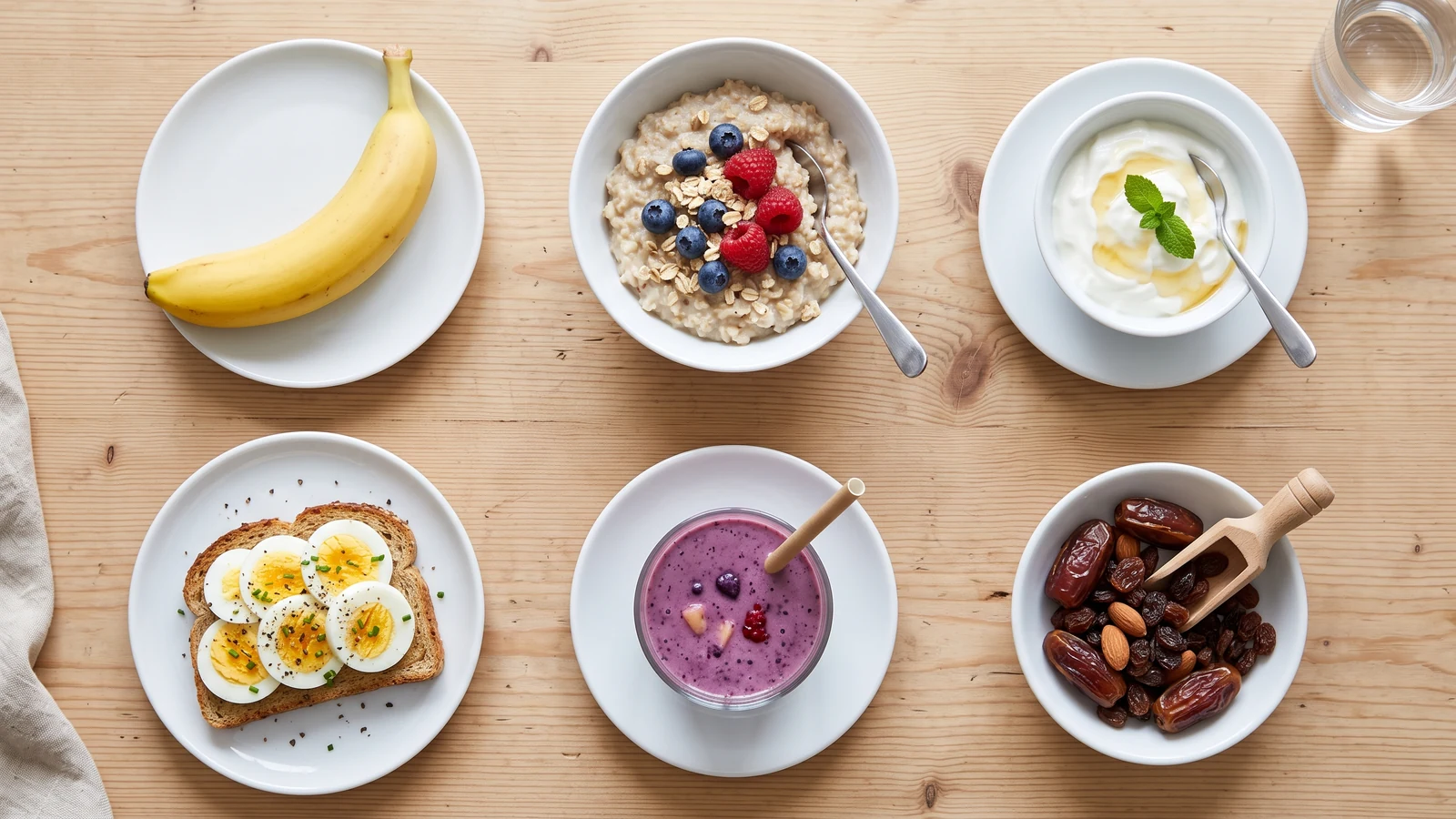 Ideias de lanches simples com banana, aveia, iogurte, frutas e pão integral antes do treino.