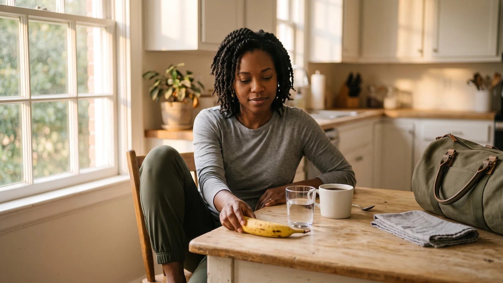 Banana, água e café sobre a mesa como preparação simples para um treino pela manhã.