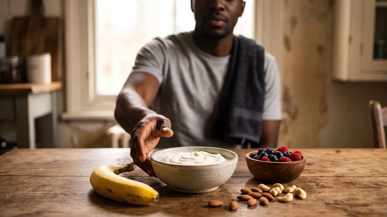 Lanche pós-treino com iogurte grego, banana, frutas e castanhas para combinar proteínas e carboidratos