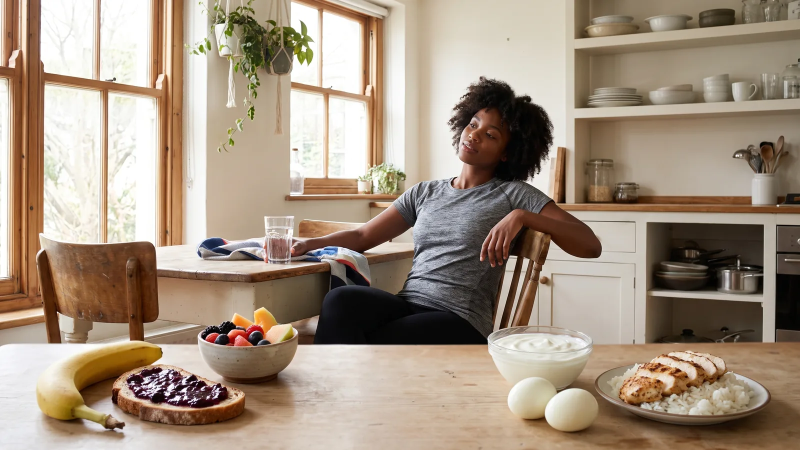 Pessoa negra com opções de alimentação pré-treino e pós-treino, mostrando fontes de energia antes do exercício e alimentos para recuperação depois do treino