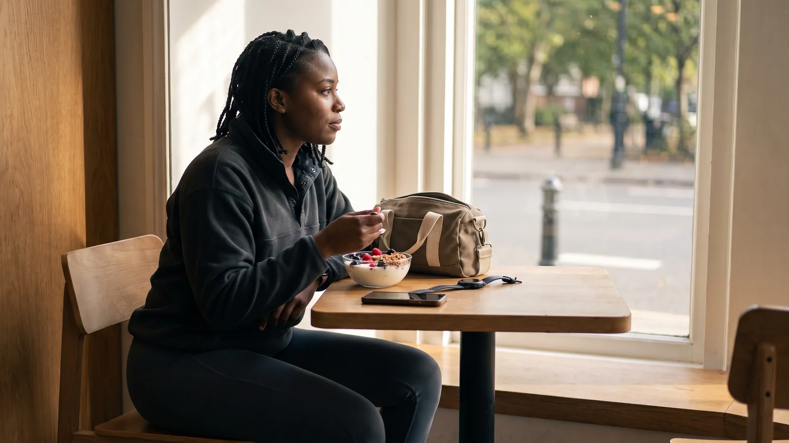 Mulher negra fazendo uma refeição tranquila após o treino sem preocupação excessiva com o horário