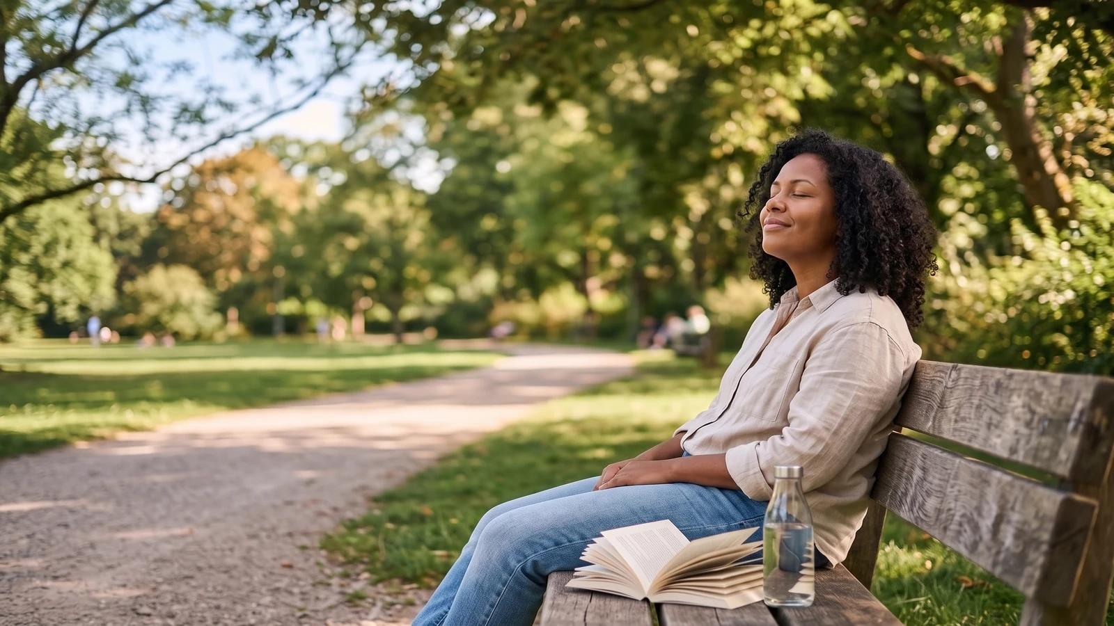 Pessoa relaxando em um banco de parque, com os olhos fechados e um livro ao lado, demonstrando equilíbrio em um estilo de vida saudável