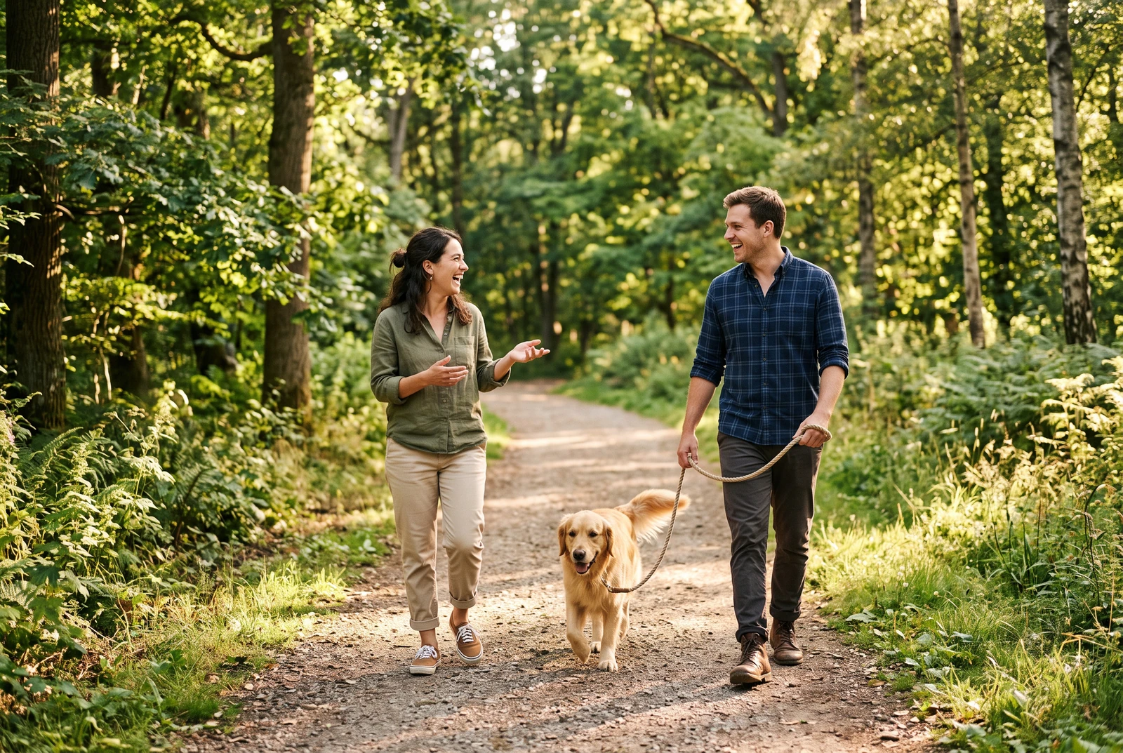 Pessoa caminhando em um parque verde com um cachorro, sorrindo e conversando com um amigo