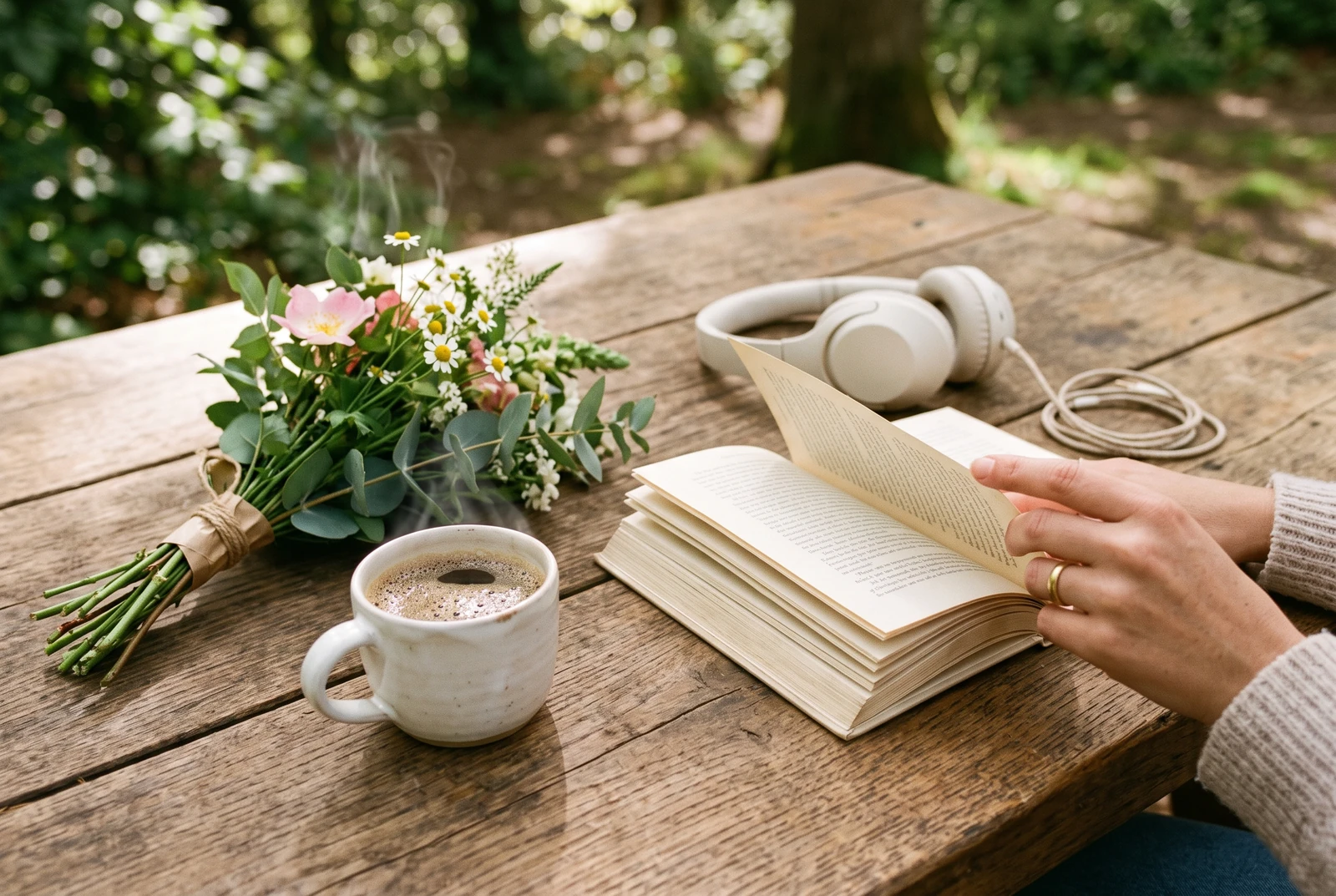 Livro, fones de ouvido, xícara de café e um pequeno buquê de flores sobre uma mesa, representando pequenas alegrias do dia a dia