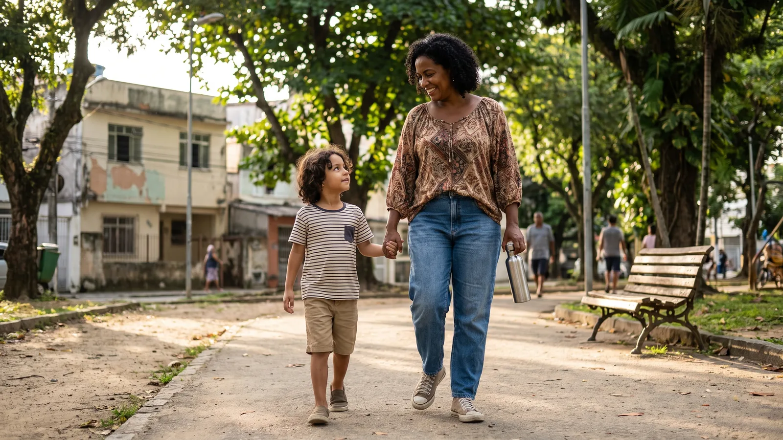 Mulher brasileira caminhando ao ar livre como parte de uma rotina saudável