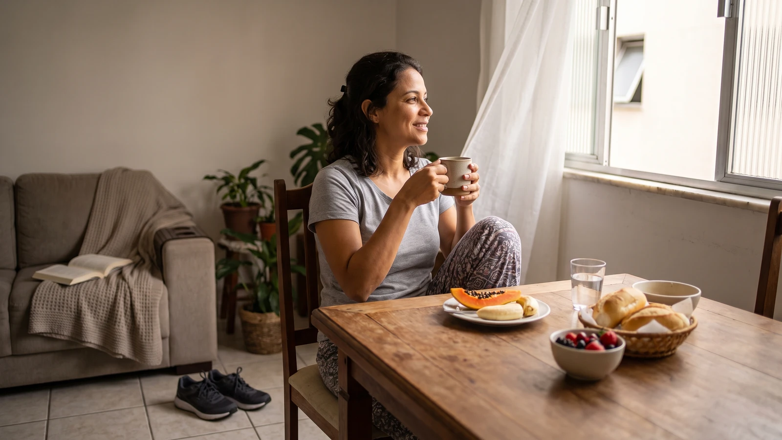 Mulher brasileira em uma rotina equilibrada com alimentação, movimento, descanso e bem-estar