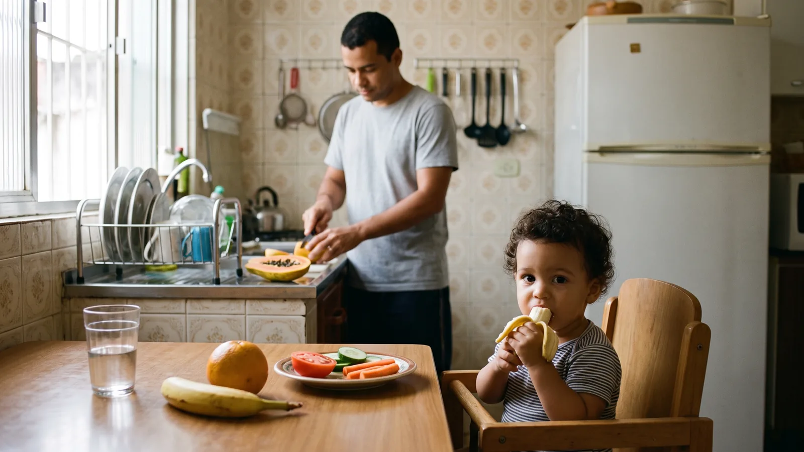 Pequenas escolhas diárias com água, frutas e alimentos simples em uma rotina saudável