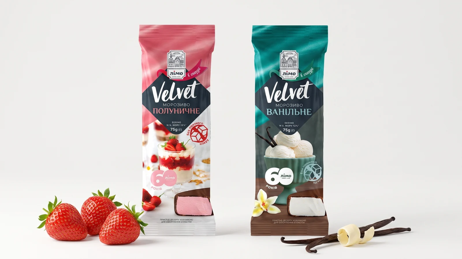 Sorvetes Gelimo Velvet Morango Zero e Velvet Baunilha Zero, sem adição de açúcares.