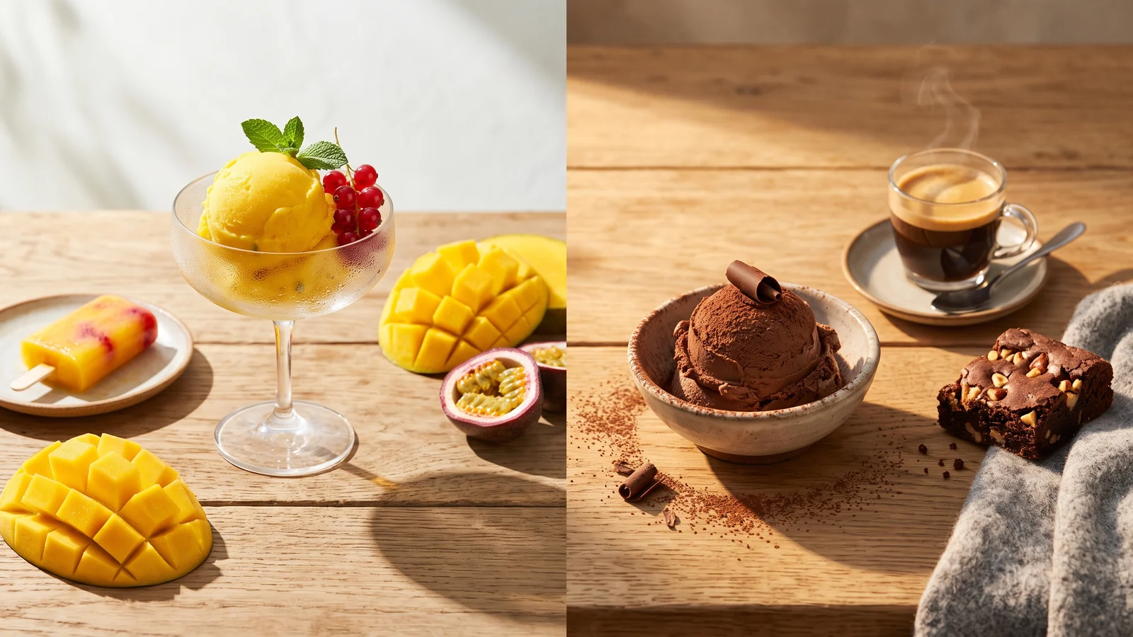 Sorbet refrescante no verão e sorvete cremoso acompanhado de café em um dia frio.