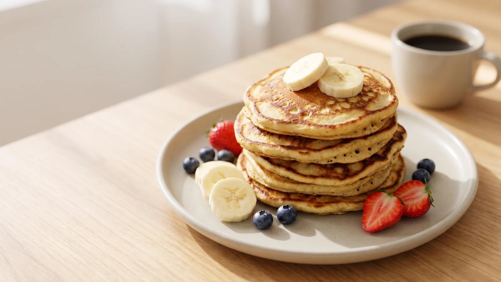 Panquecas fitness de banana com frutas frescas servidas no café da manhã