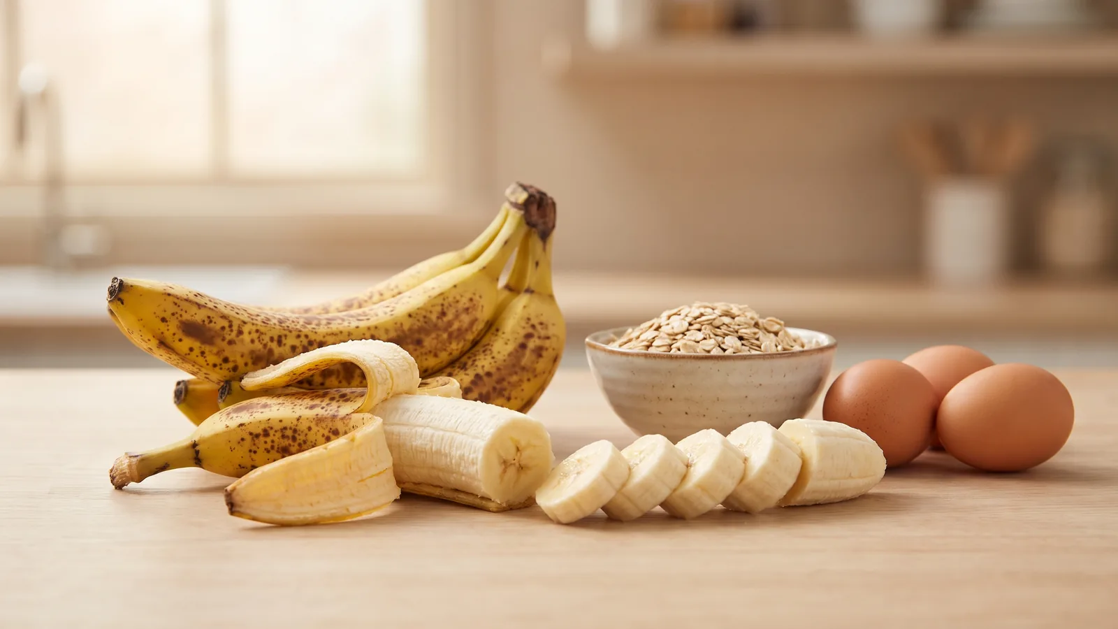 Banana madura, ovos e aveia, ingredientes para preparar panquecas fitness