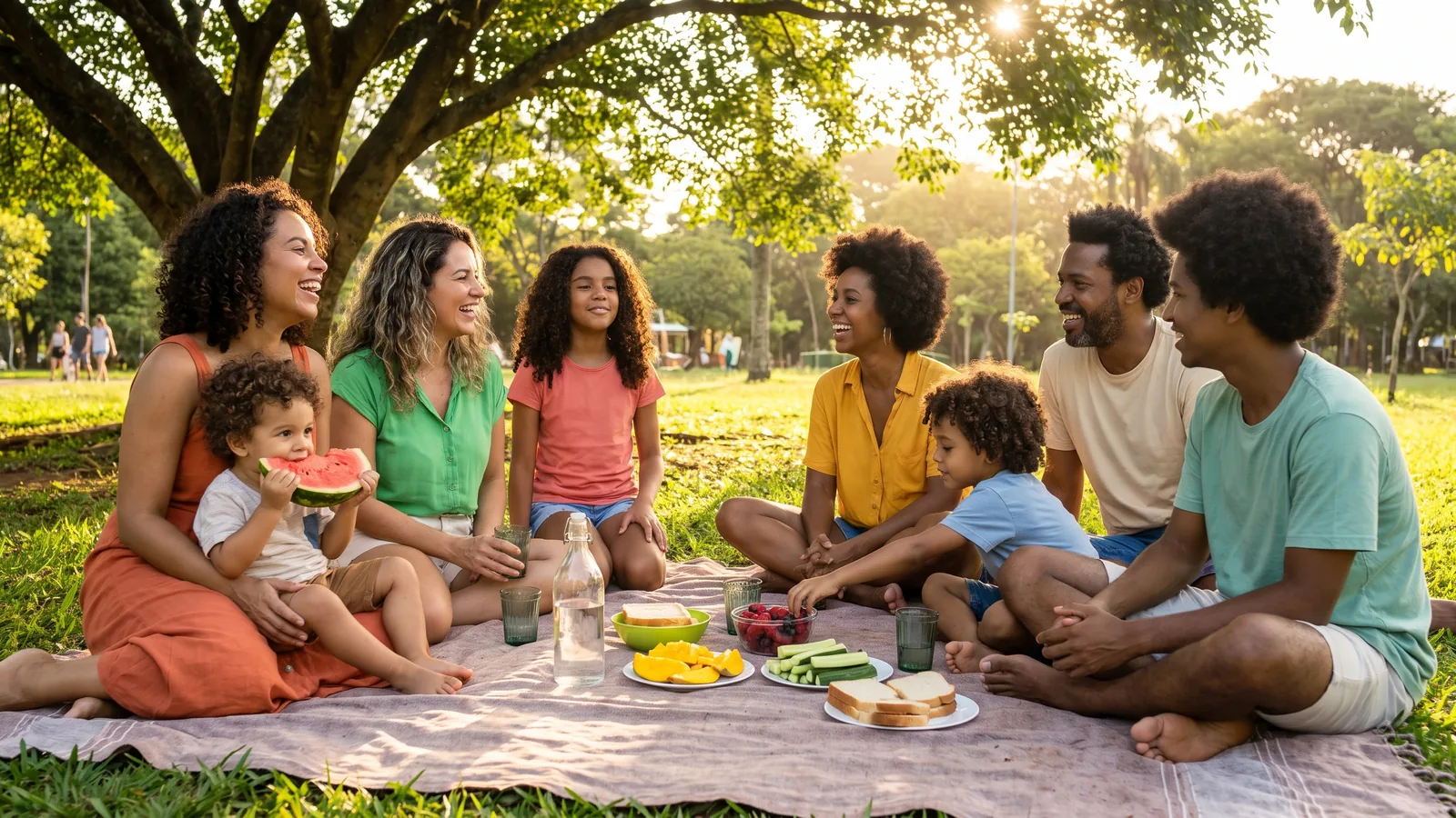 Famílias brasileiras em um piquenique no parque com frutas, lanches e crianças à vontade.