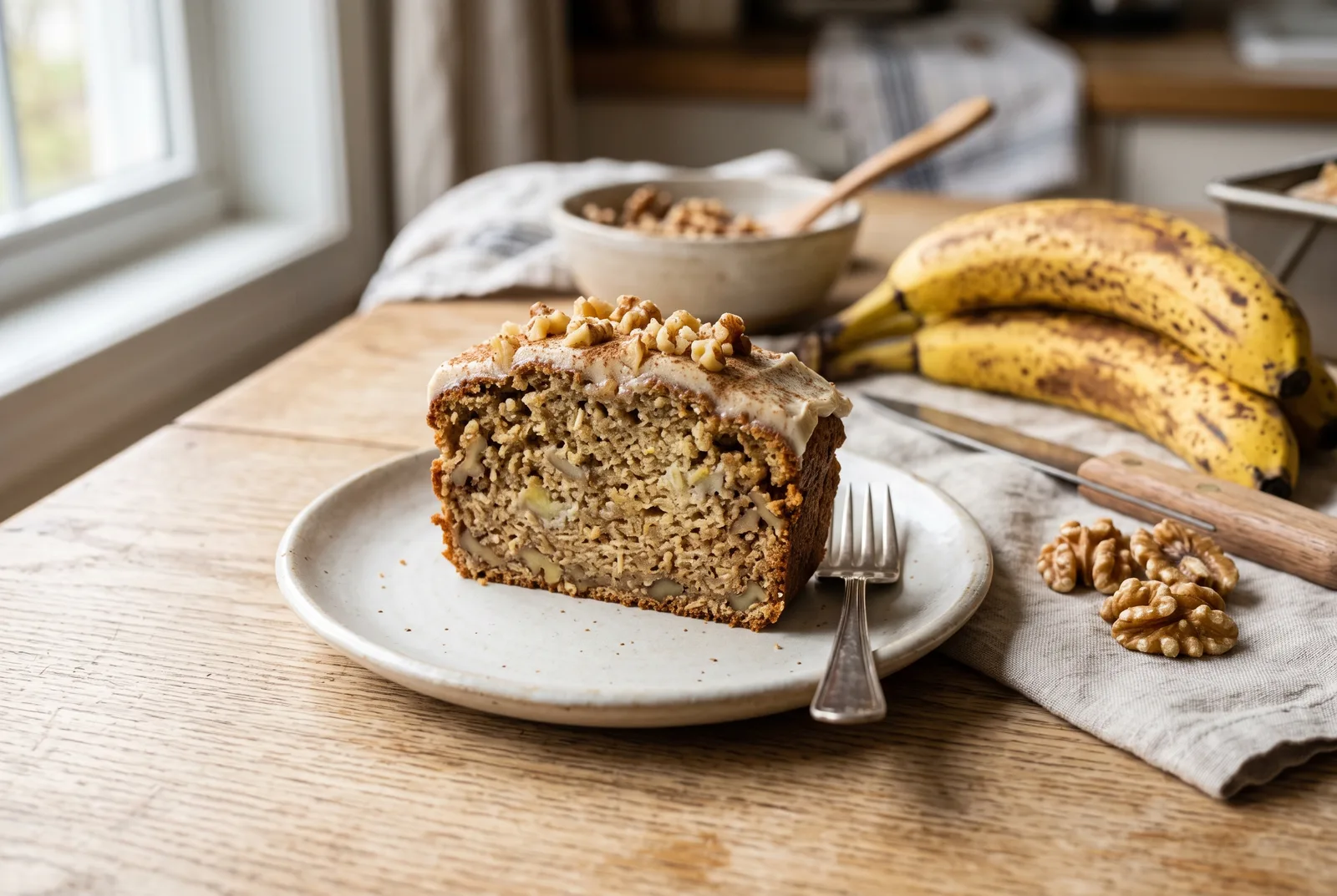Fatia de bolo de banana fitness com farinha de aveia e nozes sobre a mesa