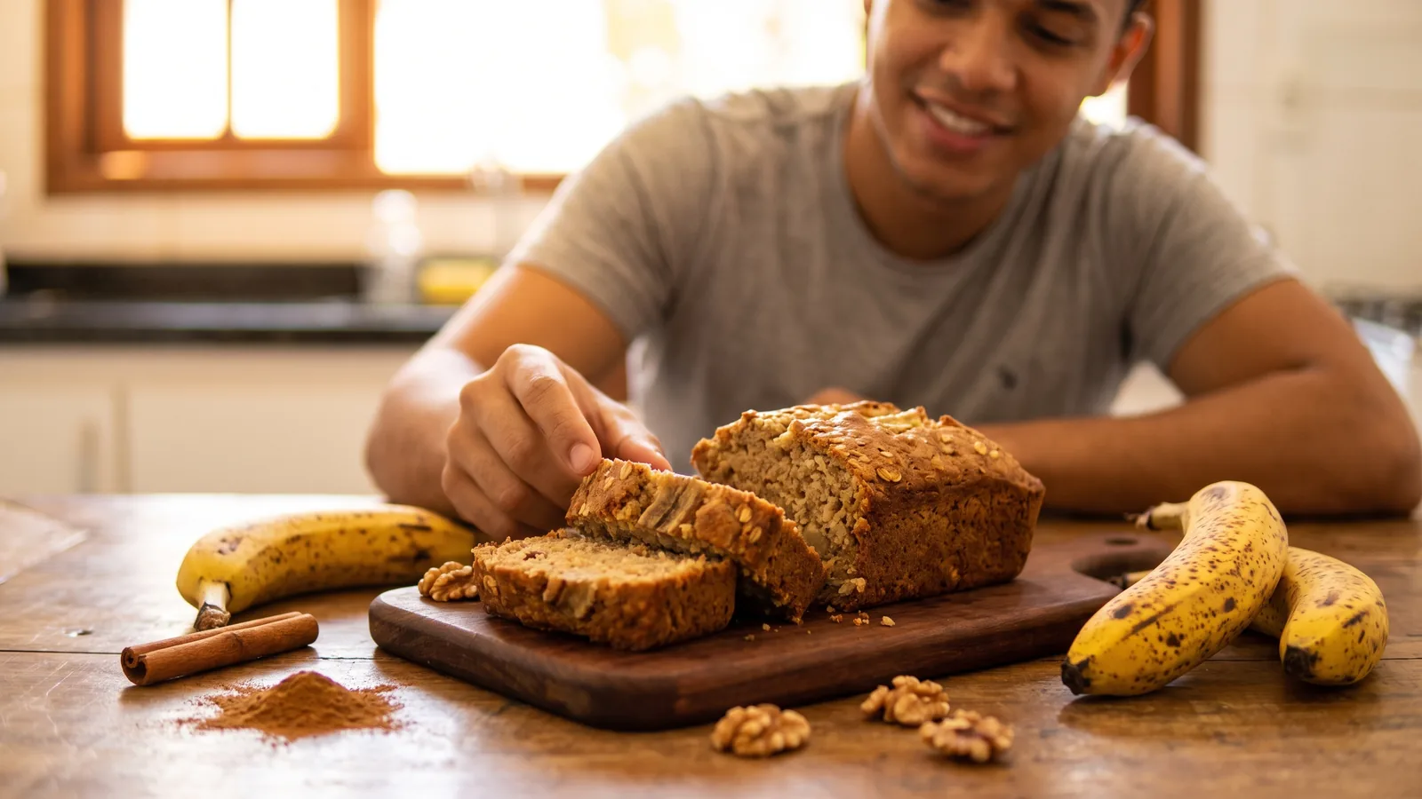 Bolo de banana com aveia cortado em fatias, preparado com bananas maduras, canela e ingredientes simples.