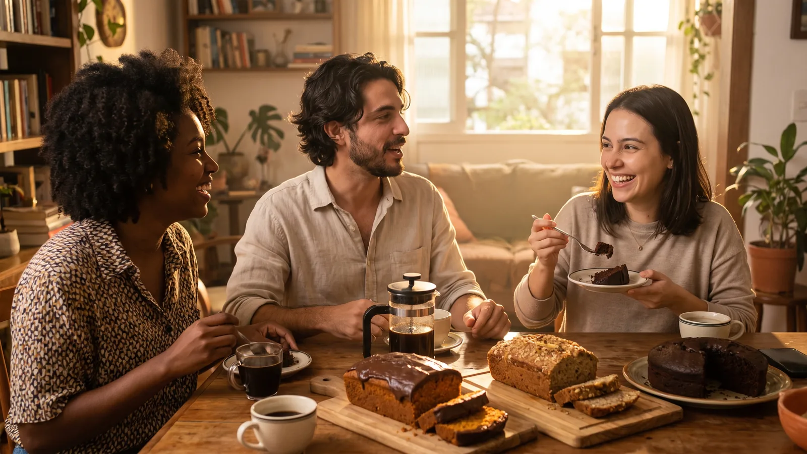 Amigos brasileiros compartilhando bolo e café em um momento descontraído de café da tarde.