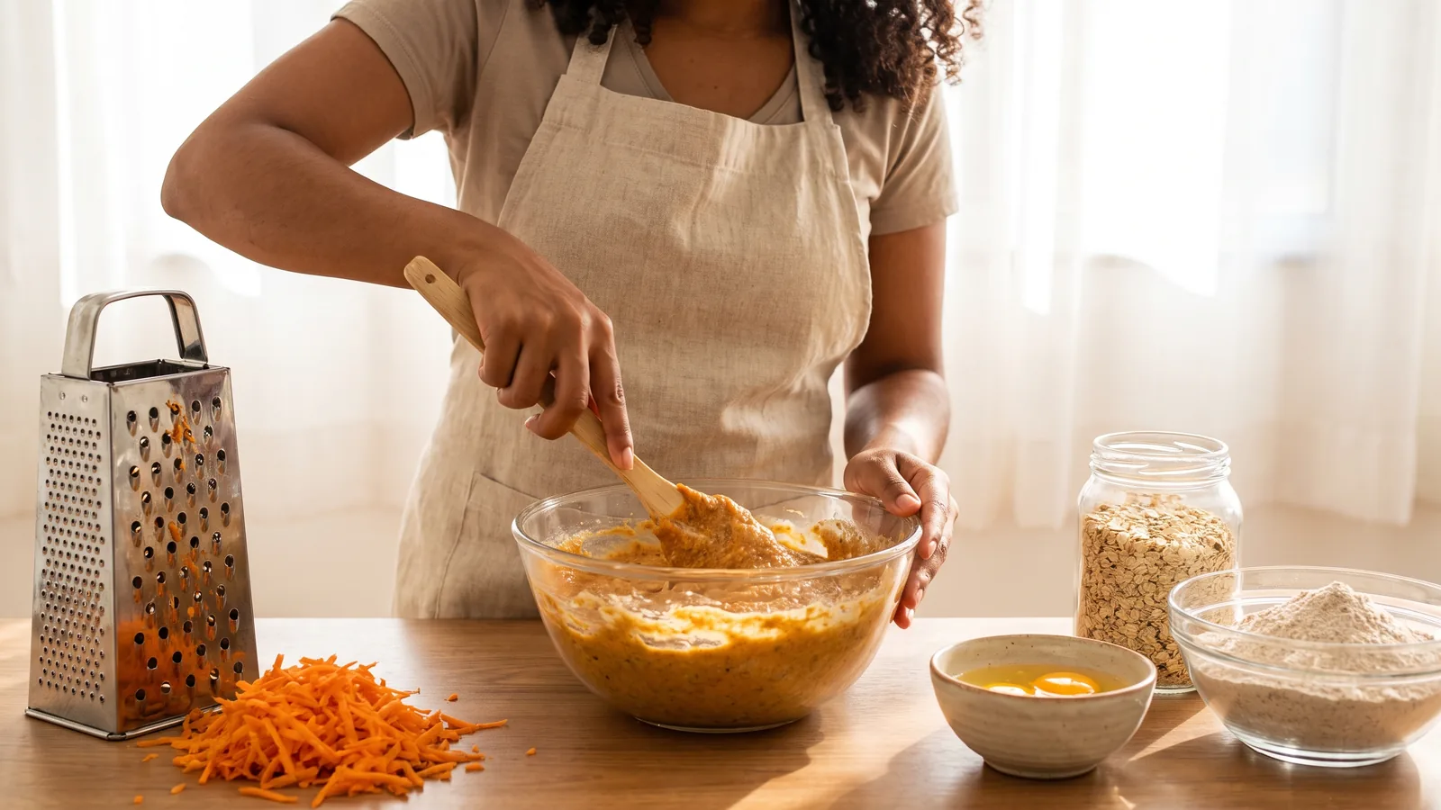 Mulher brasileira preparando bolo de cenoura saudável com cenoura ralada, ovos e farinha integral.
