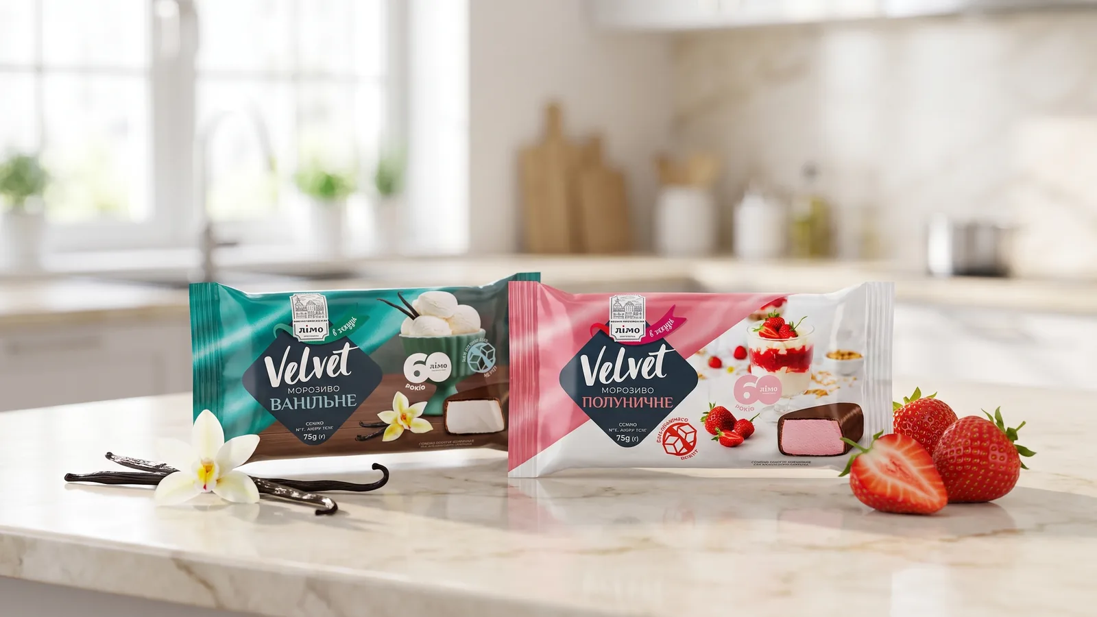 Sorvetes Gelimo Velvet Morango Zero e Velvet Baunilha Zero sem adição de açúcar