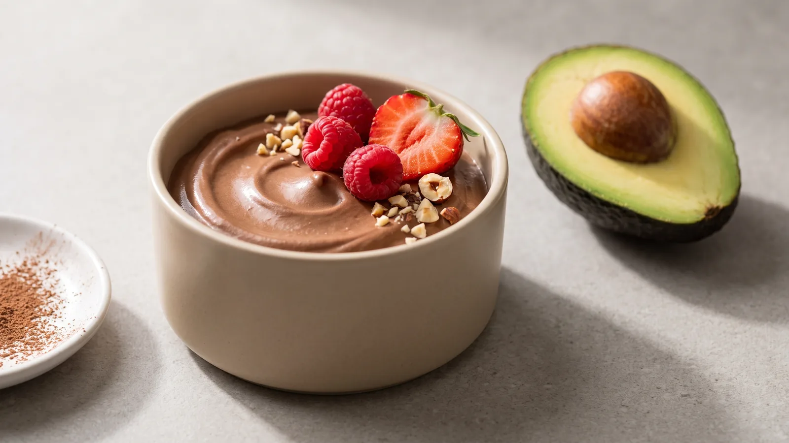 Mousse de chocolate com abacate, cacau e frutas vermelhas