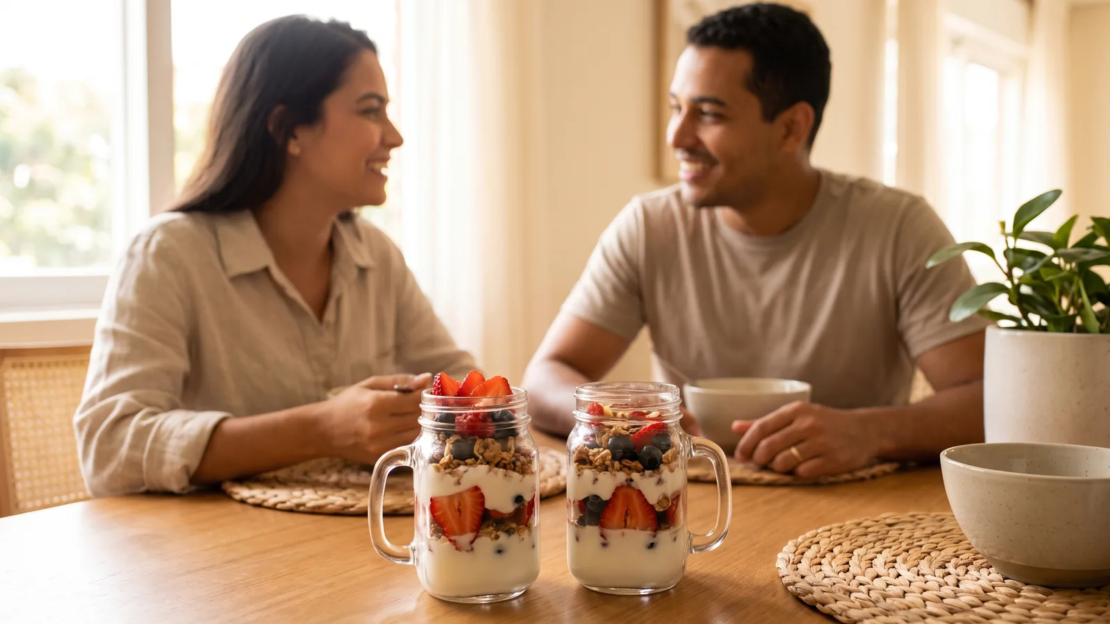 Parfait de iogurte com frutas vermelhas e granola servido em um lanche leve