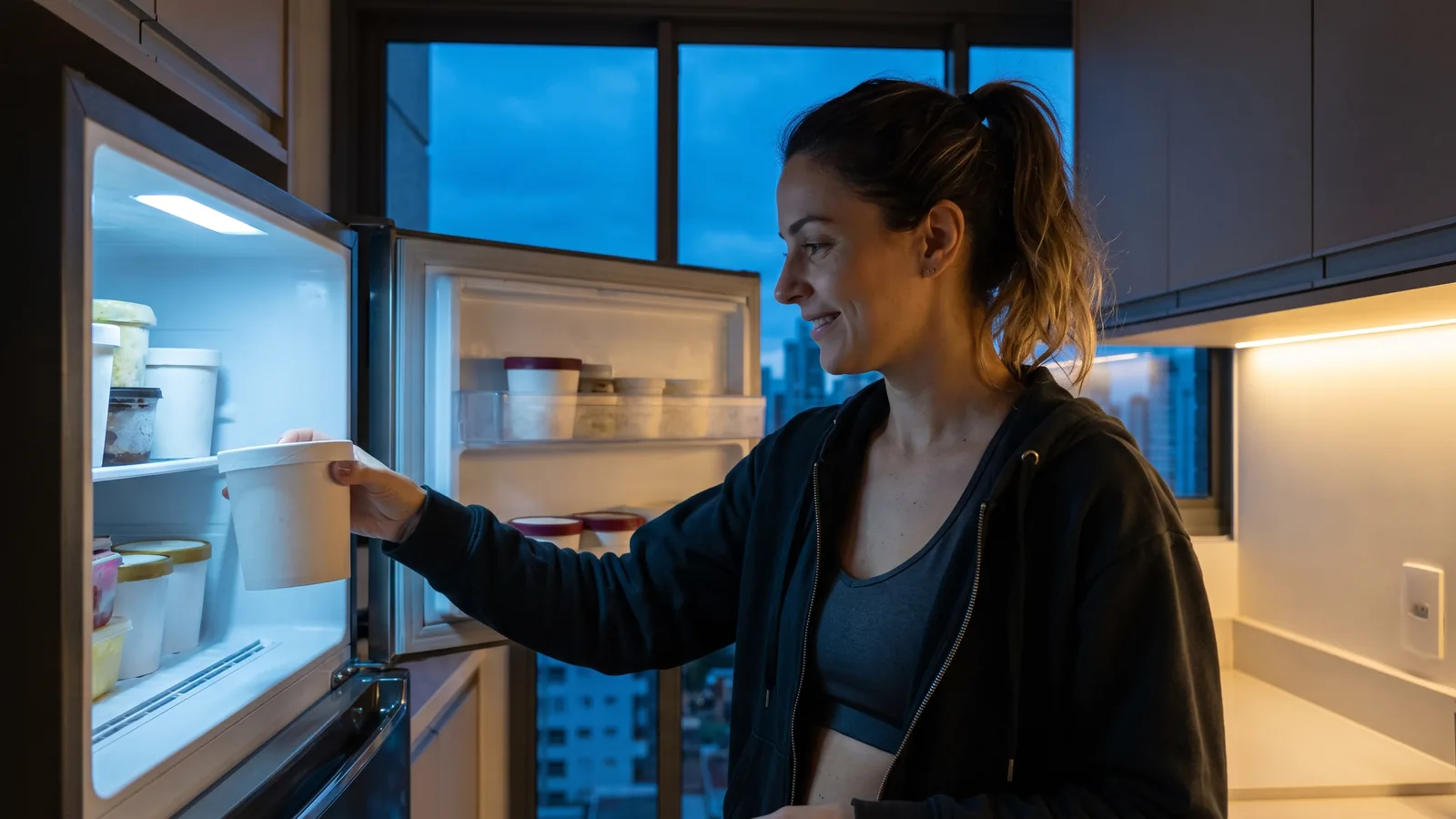 Mulher escolhendo uma sobremesa pronta para um momento prático e saboroso