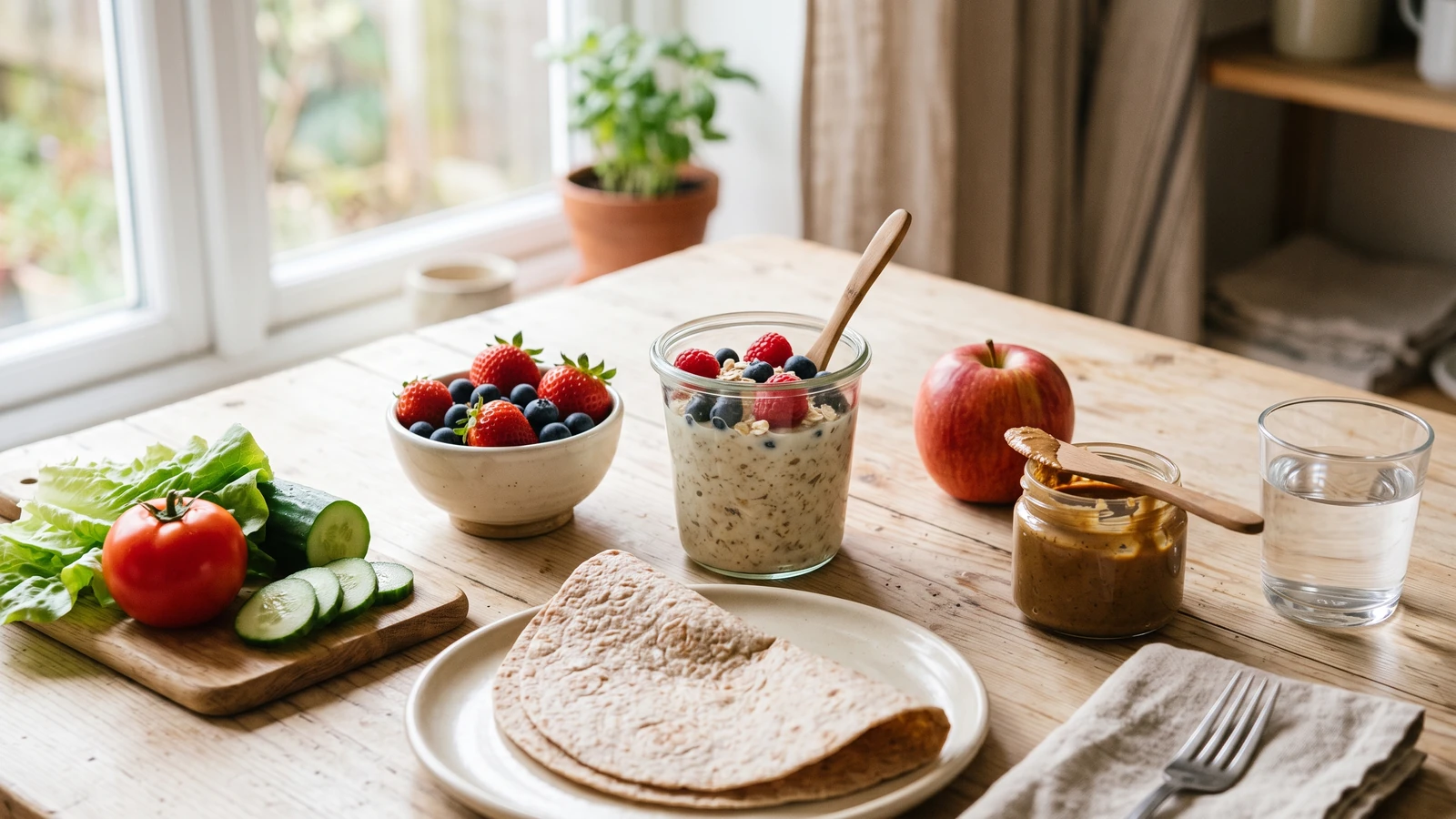 Mesa com ingredientes simples para receitas fitness fáceis, como aveia, frutas, vegetais, tortilha integral e maçã