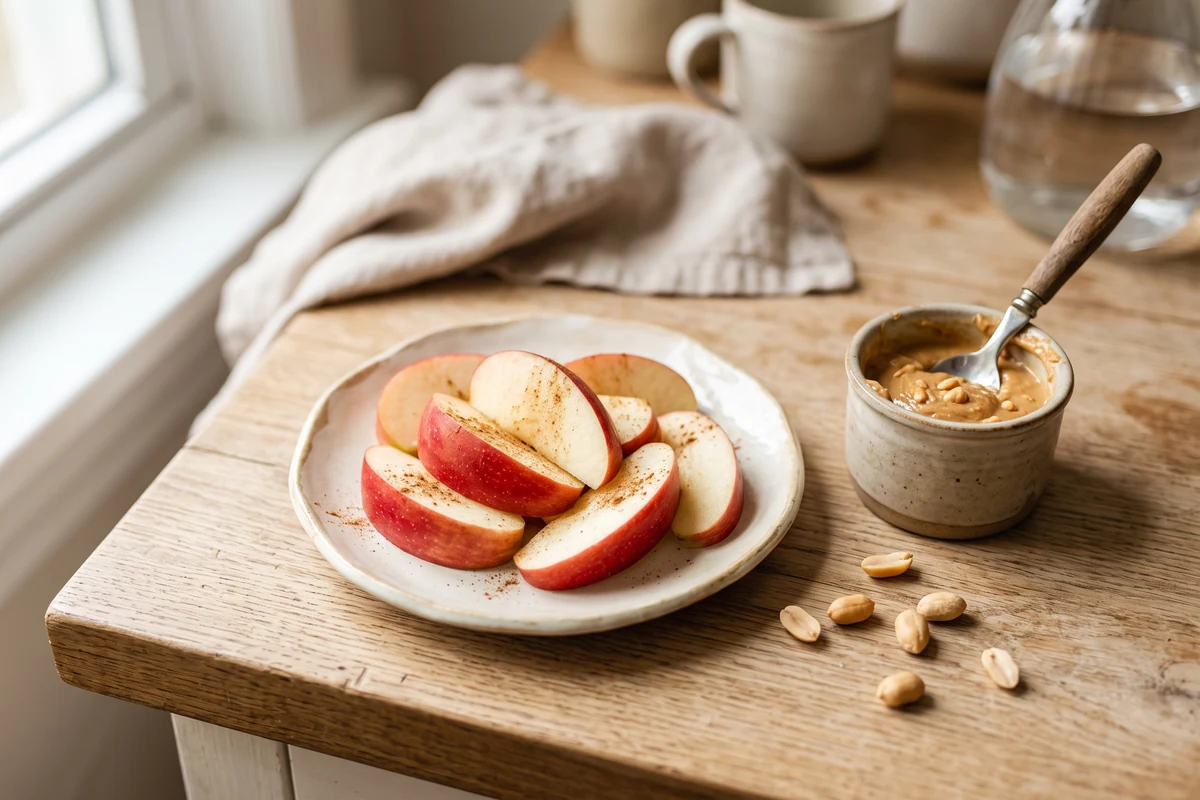 Fatias de maçã com pasta de amendoim natural para um lanche simples e equilibrado