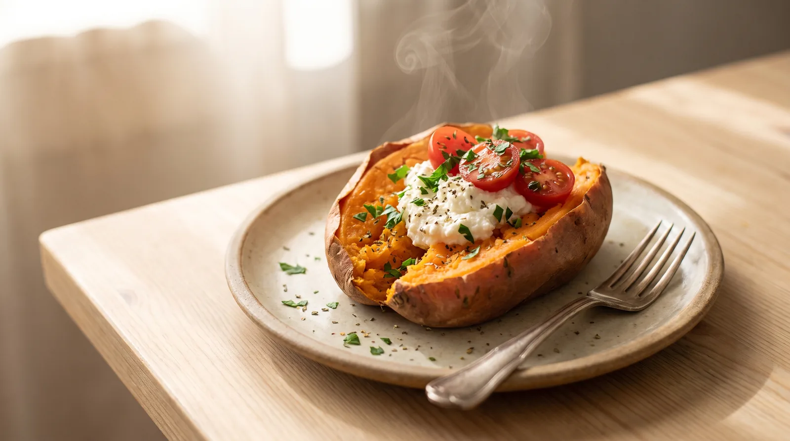 Batata-doce quente recheada com ricota, tomate e ervas.