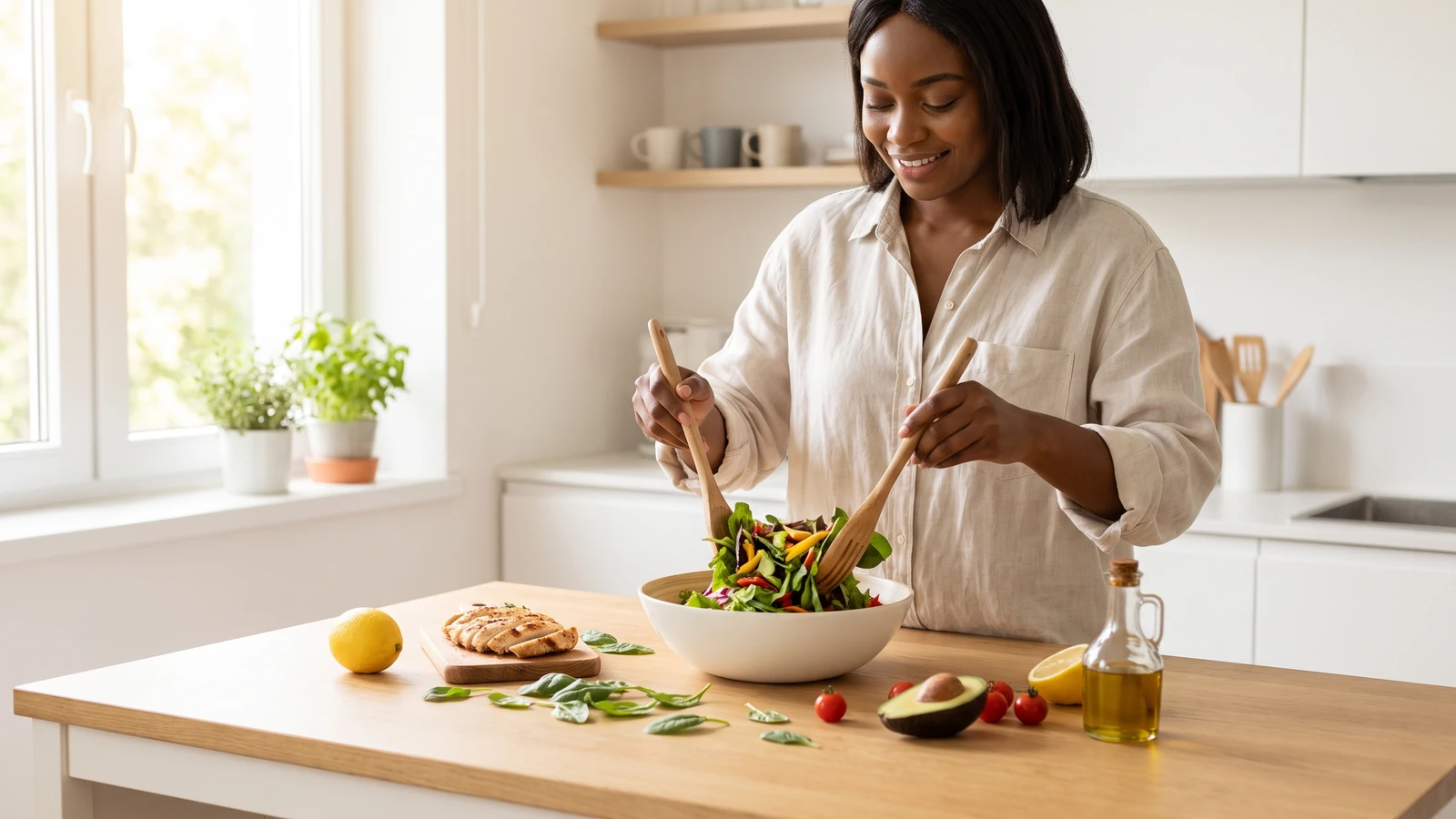 Pessoa preparando uma salada saudável e rápida em uma cozinha clara.