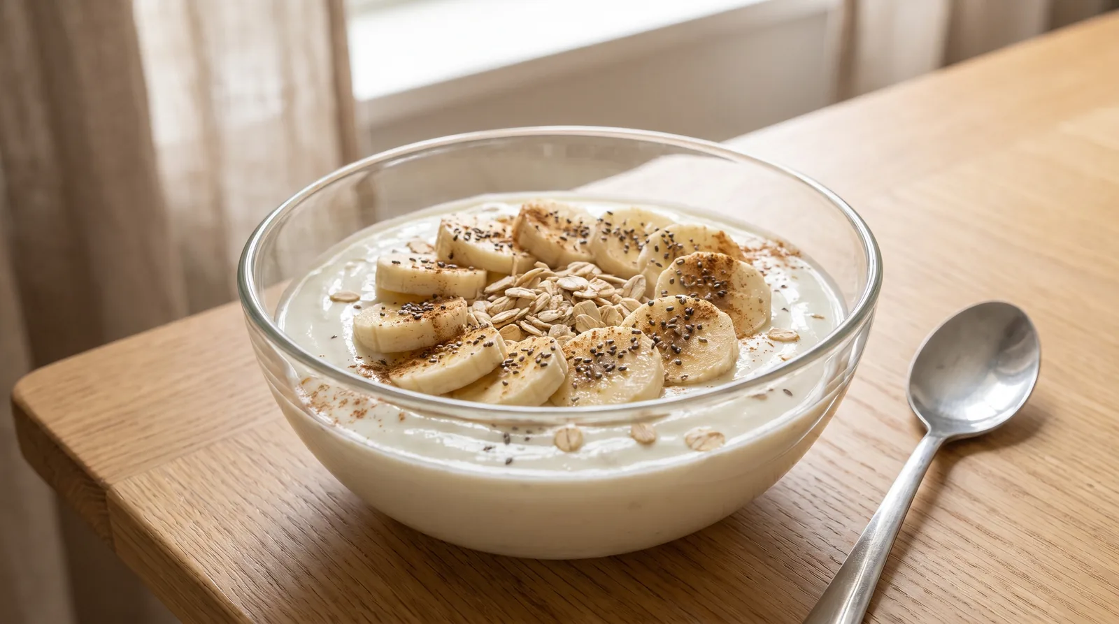 Iogurte natural com banana, aveia, chia e canela.