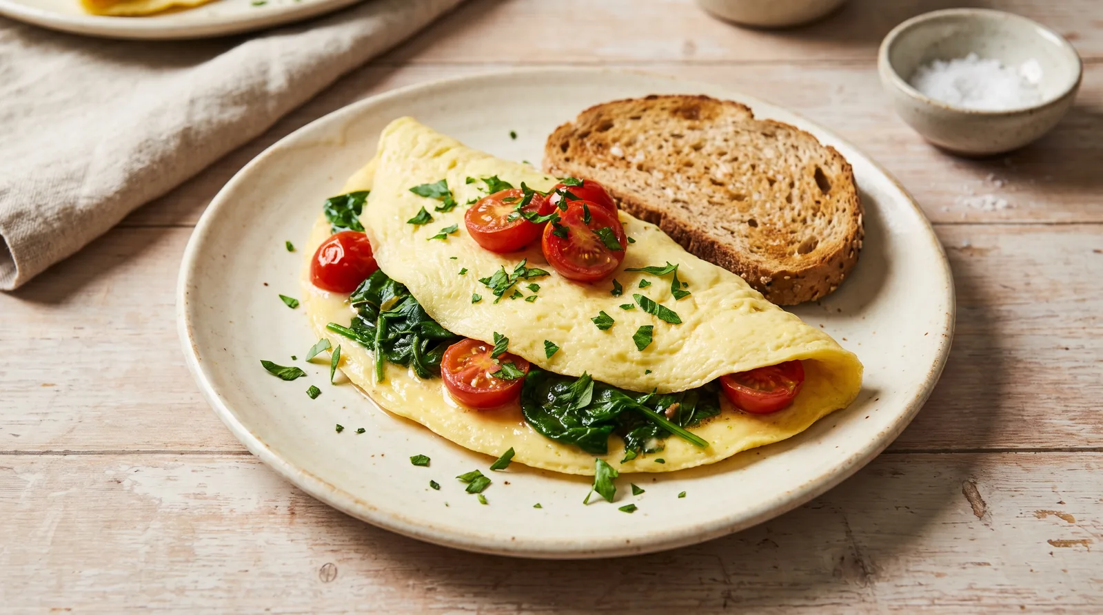 Omelete rápido com espinafre e tomates-cereja.