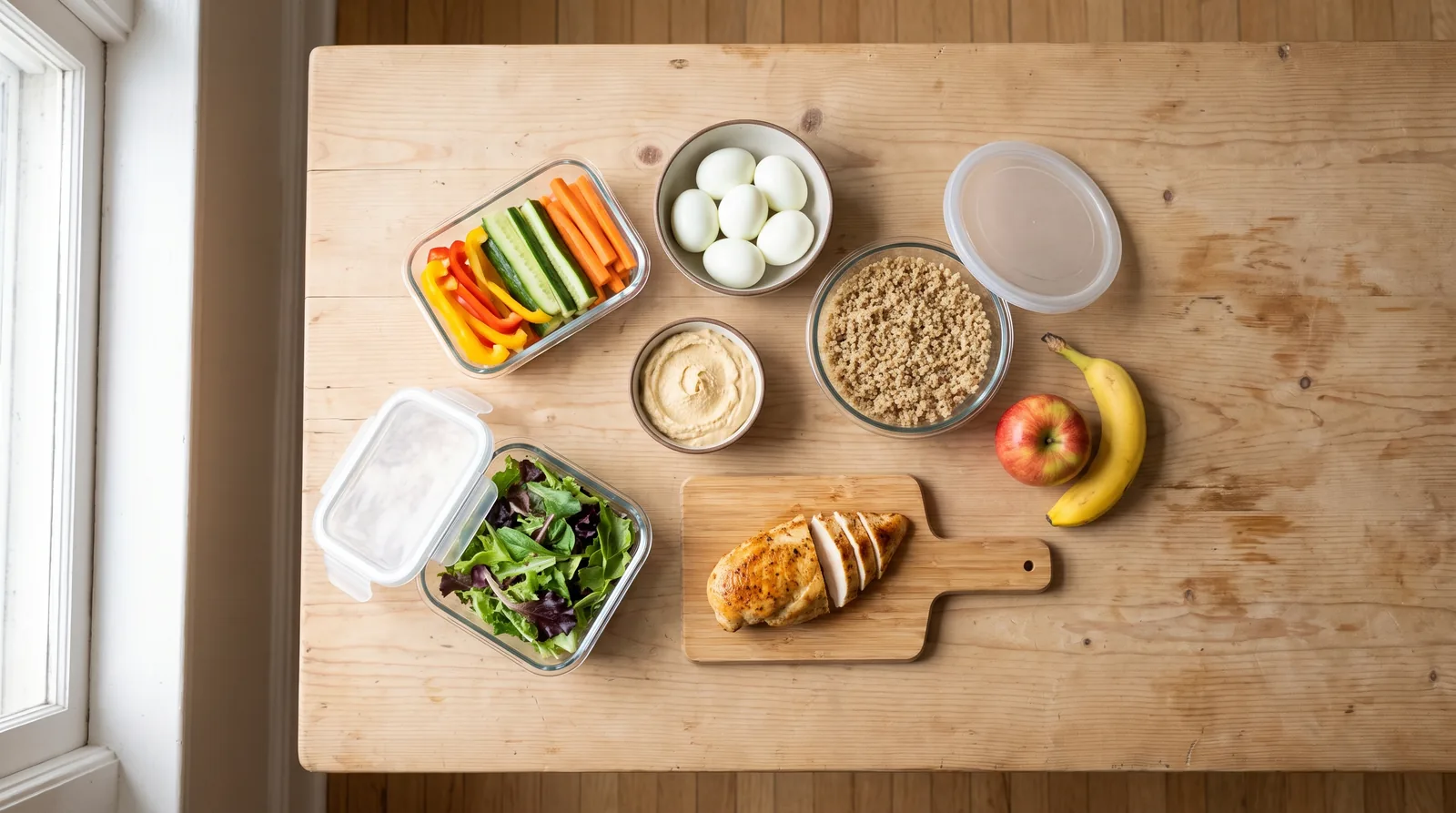 Ingredientes simples e preparações básicas organizadas para refeições rápidas durante a semana.