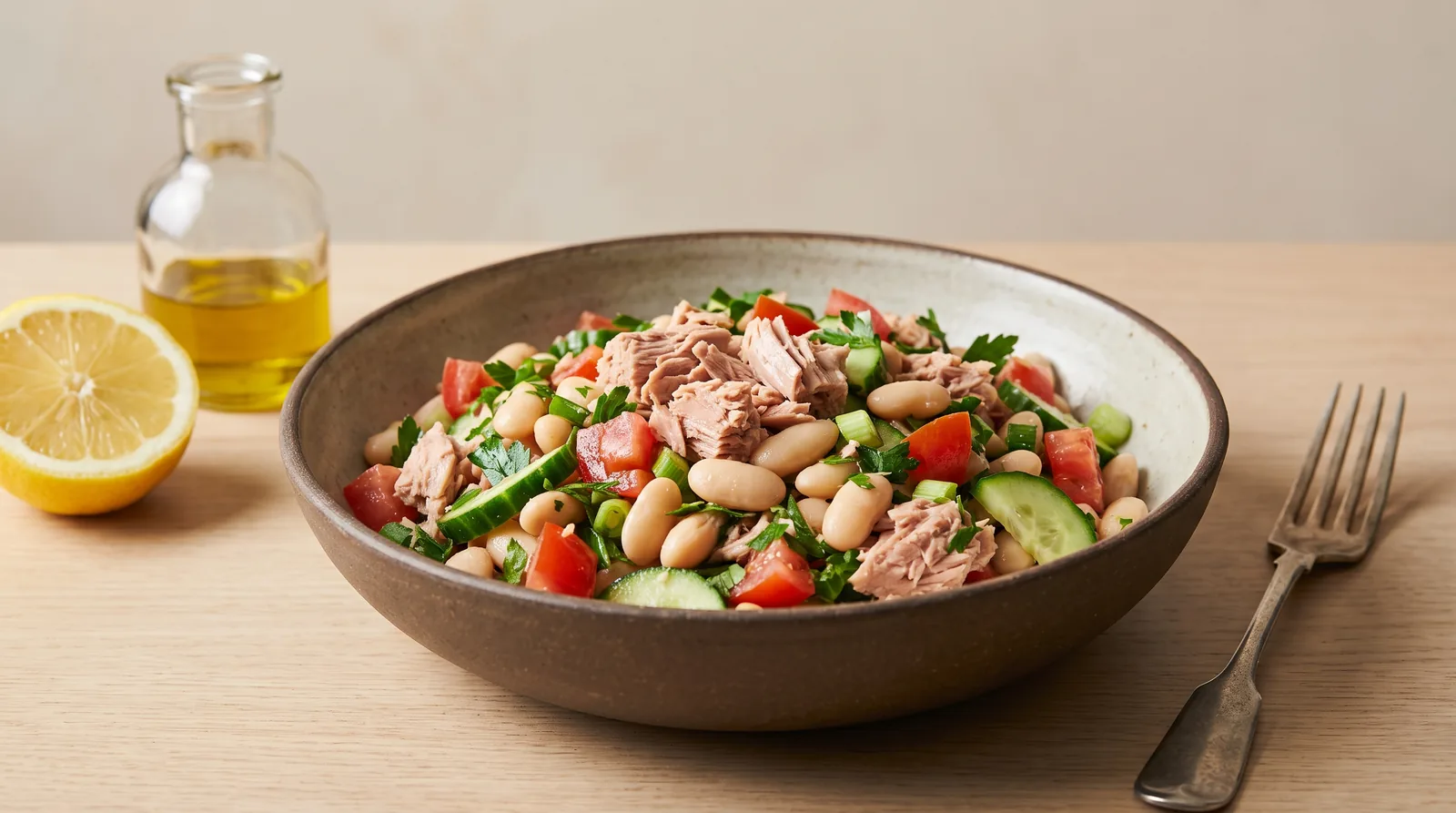 Salada rápida com atum, feijão, tomate, pepino e ervas frescas.