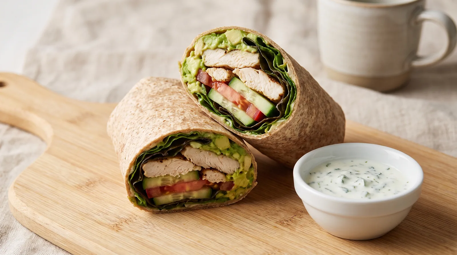 Wrap integral com frango, abacate e vegetais frescos.