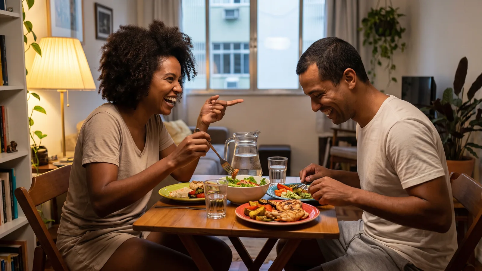 Casal brasileiro compartilhando um jantar saudável em casa