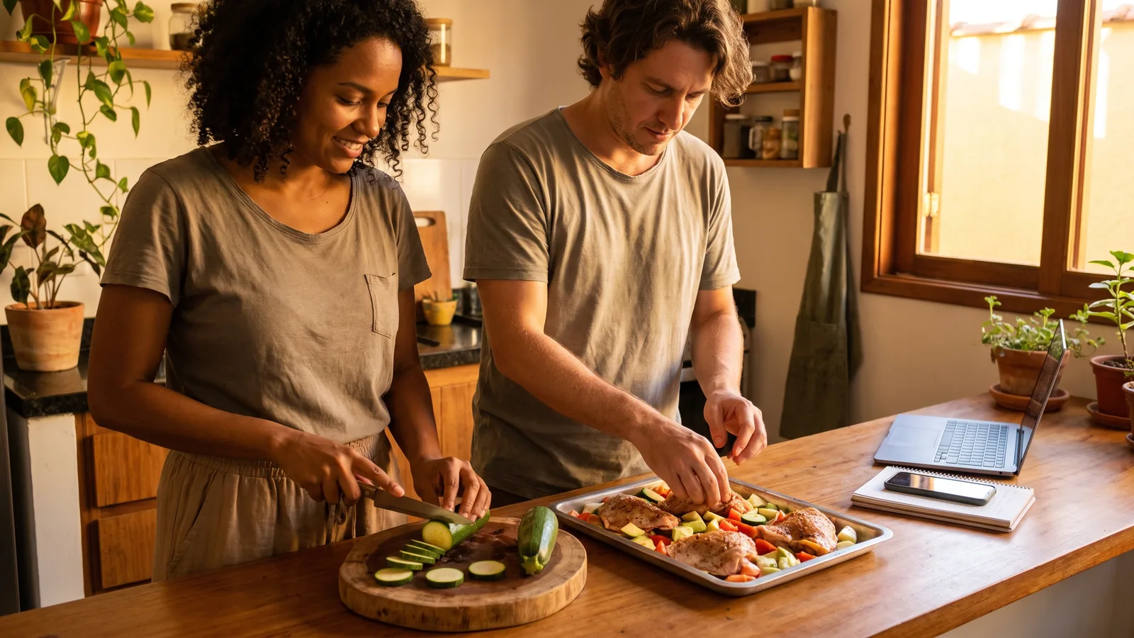Casal brasileiro preparando um jantar saudável e rápido depois do trabalho