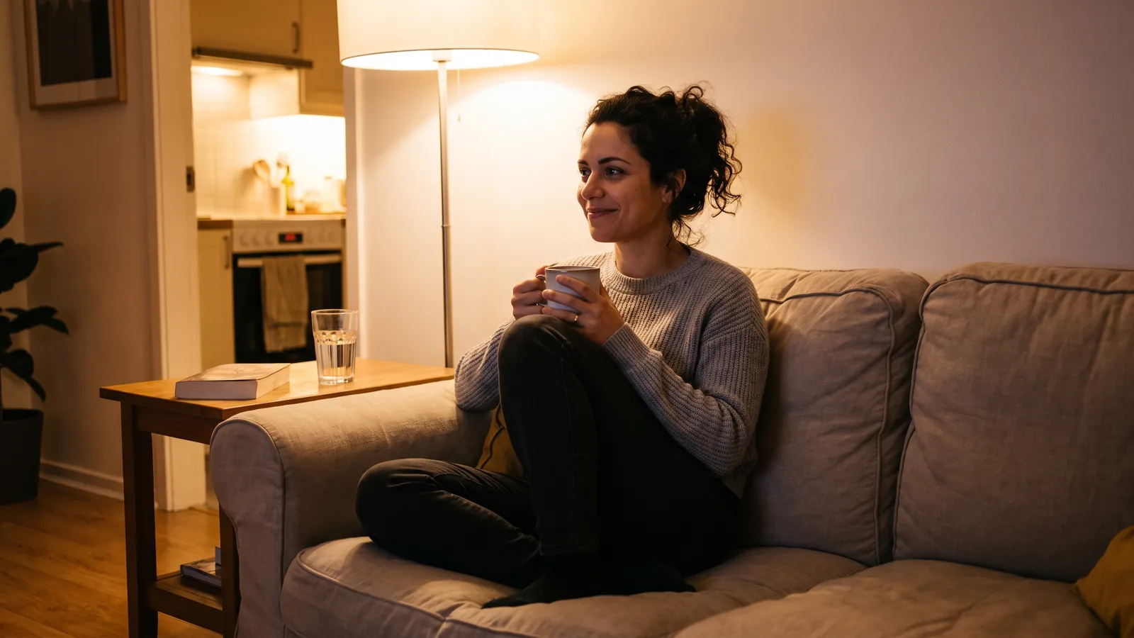 Mulher brasileira relaxando em casa depois de um jantar leve