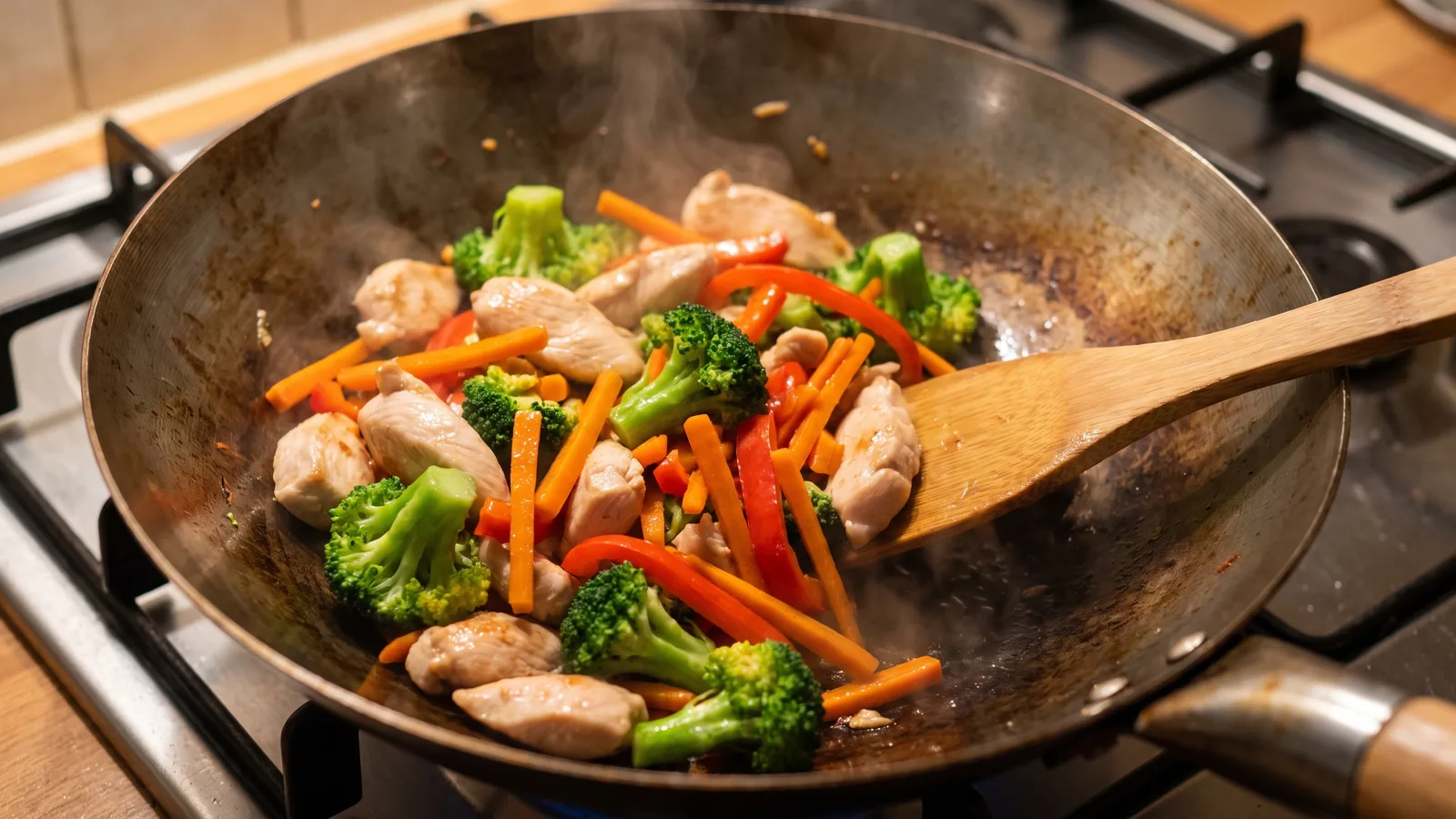 Frango com brócolis, cenoura e pimentão preparado na wok