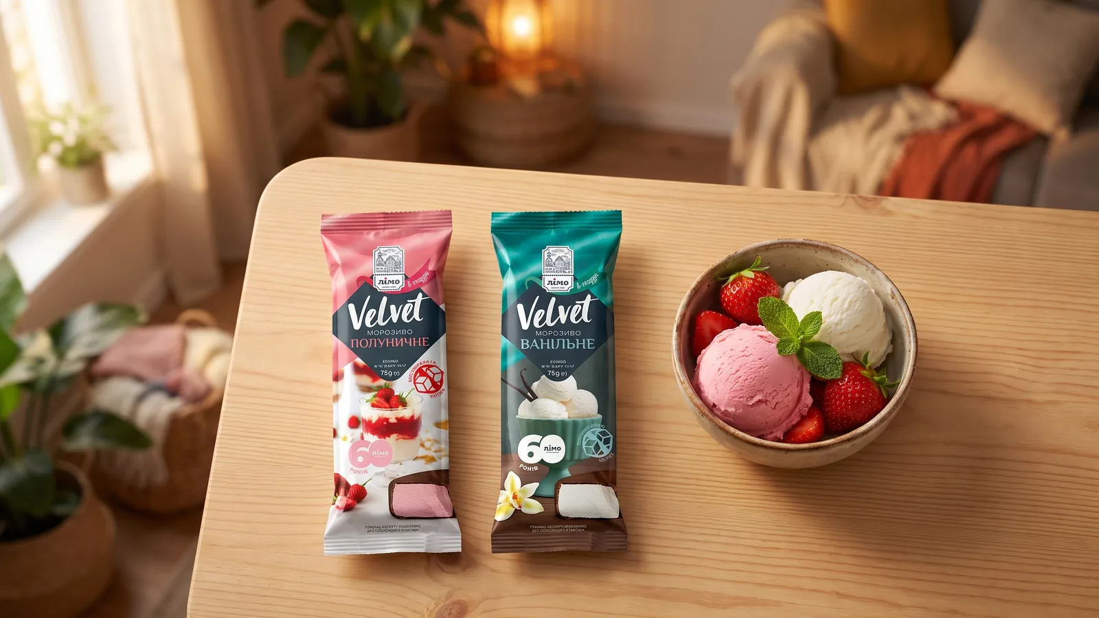Sorvetes Gelimo Velvet Morango Zero e Velvet Baunilha Zero servidos com frutas frescas
