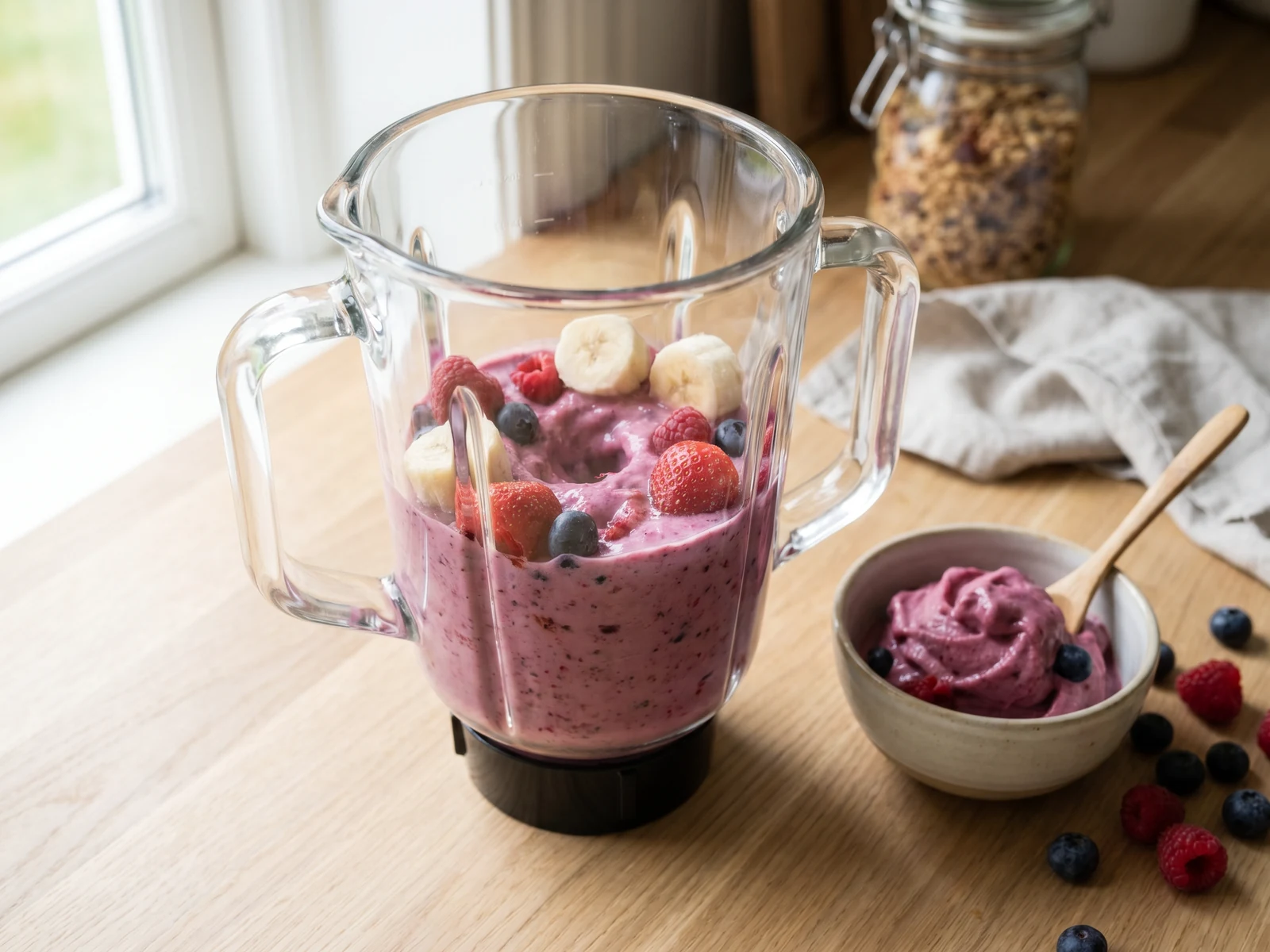 Banana congelada e frutas vermelhas no processador para receita de sorvete sem açúcar caseiro