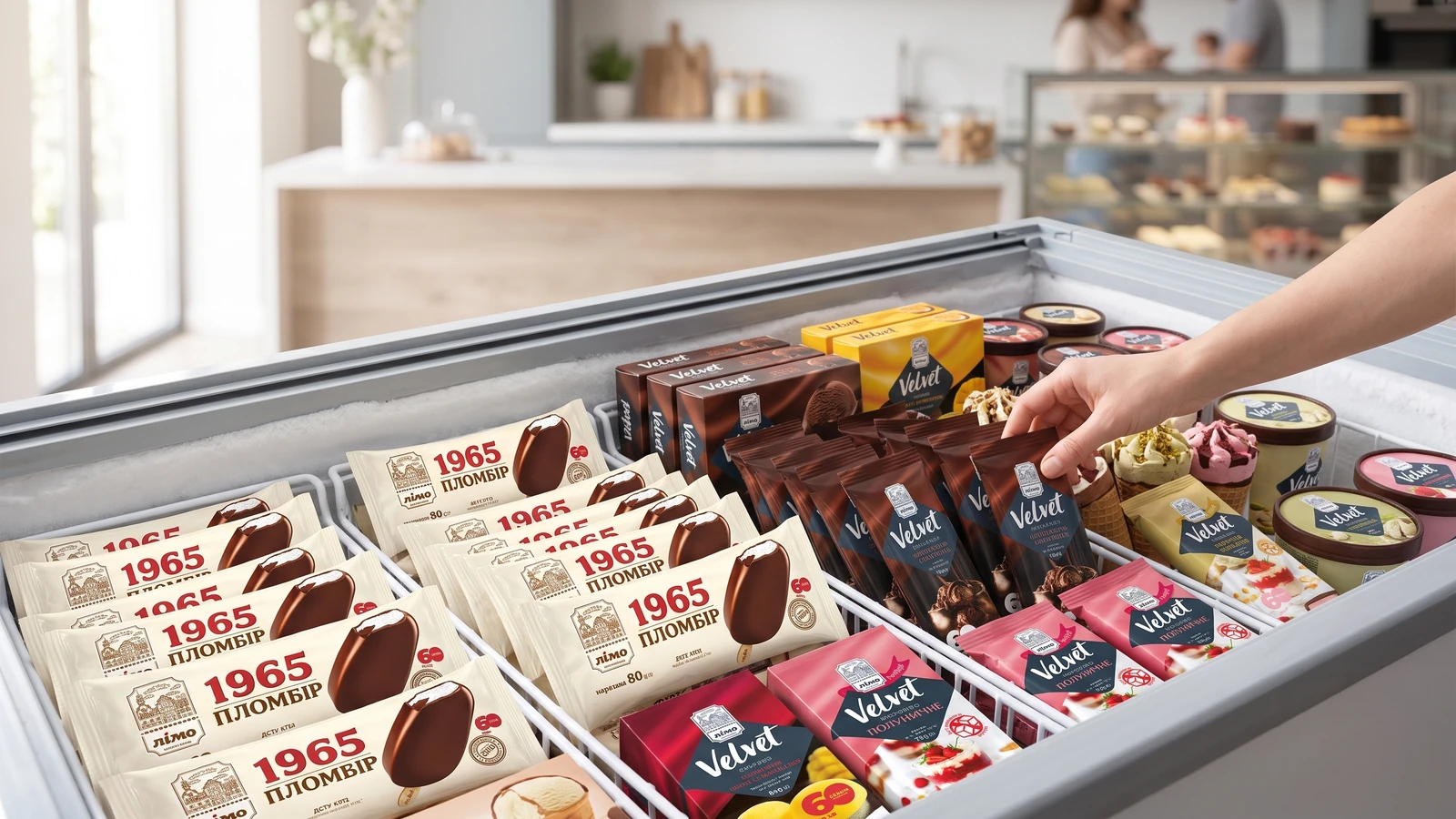 Grande variedade de sabores de sorvete Gelimo em uma vitrine de congelados