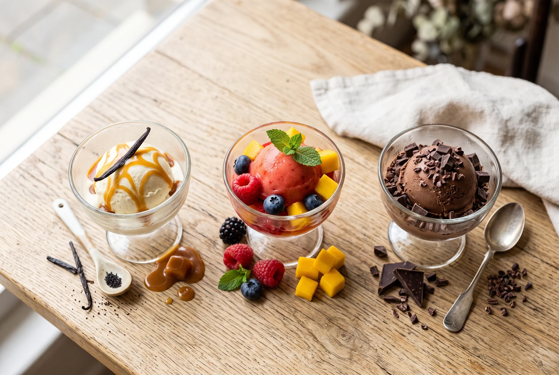 Sorvete cremoso, sorvete de frutas e sorvete de chocolate em três taças lado a lado