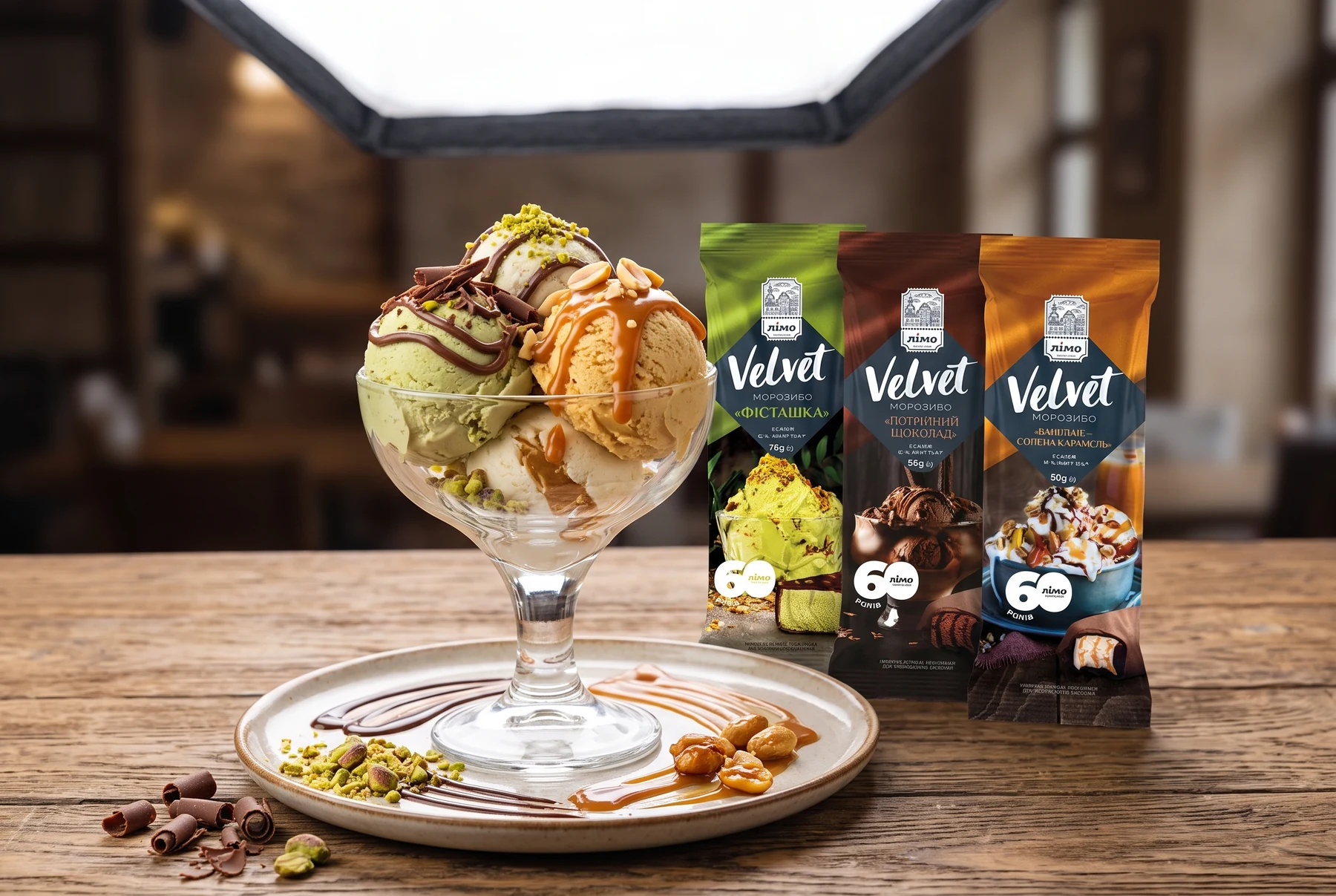 Sobremesa premium de sorvete Gelimo com pistache, chocolate e caramelo salgado