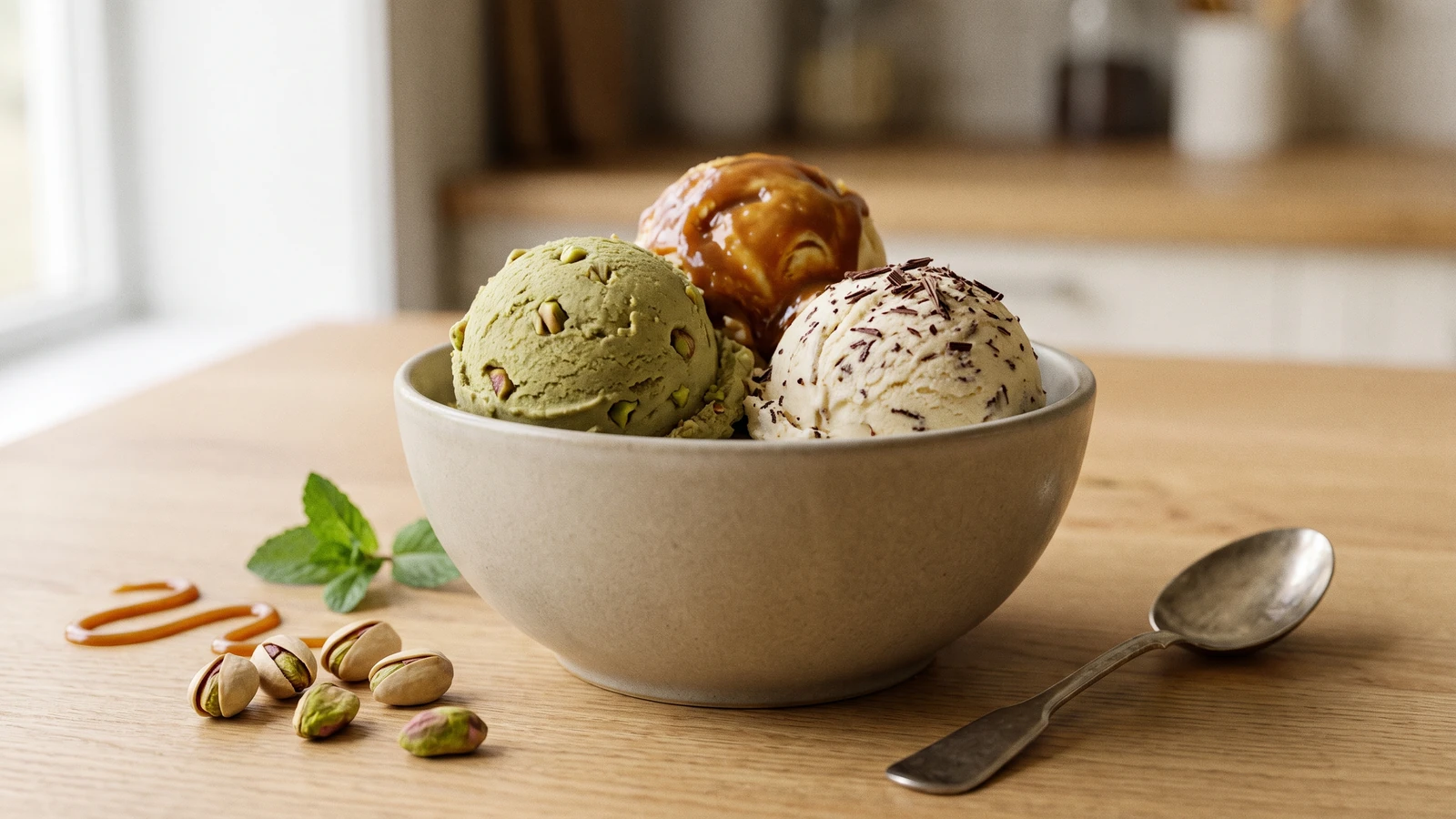 Três bolas de sorvete gourmet de pistache, caramelo e stracciatella em uma tigela de cerâmica.