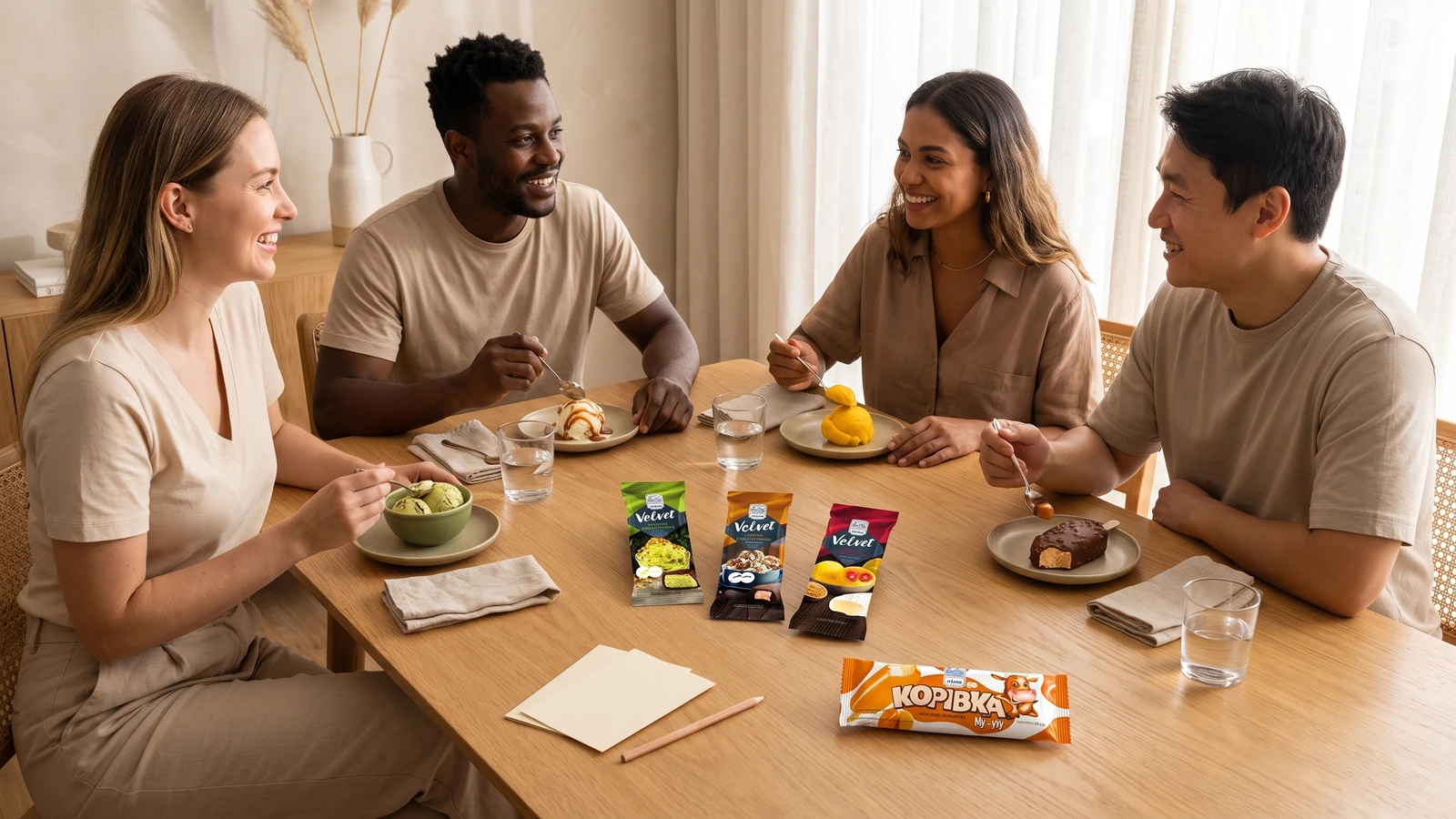 Amigos experimentando diferentes sabores de sorvete Gelimo em uma degustação.