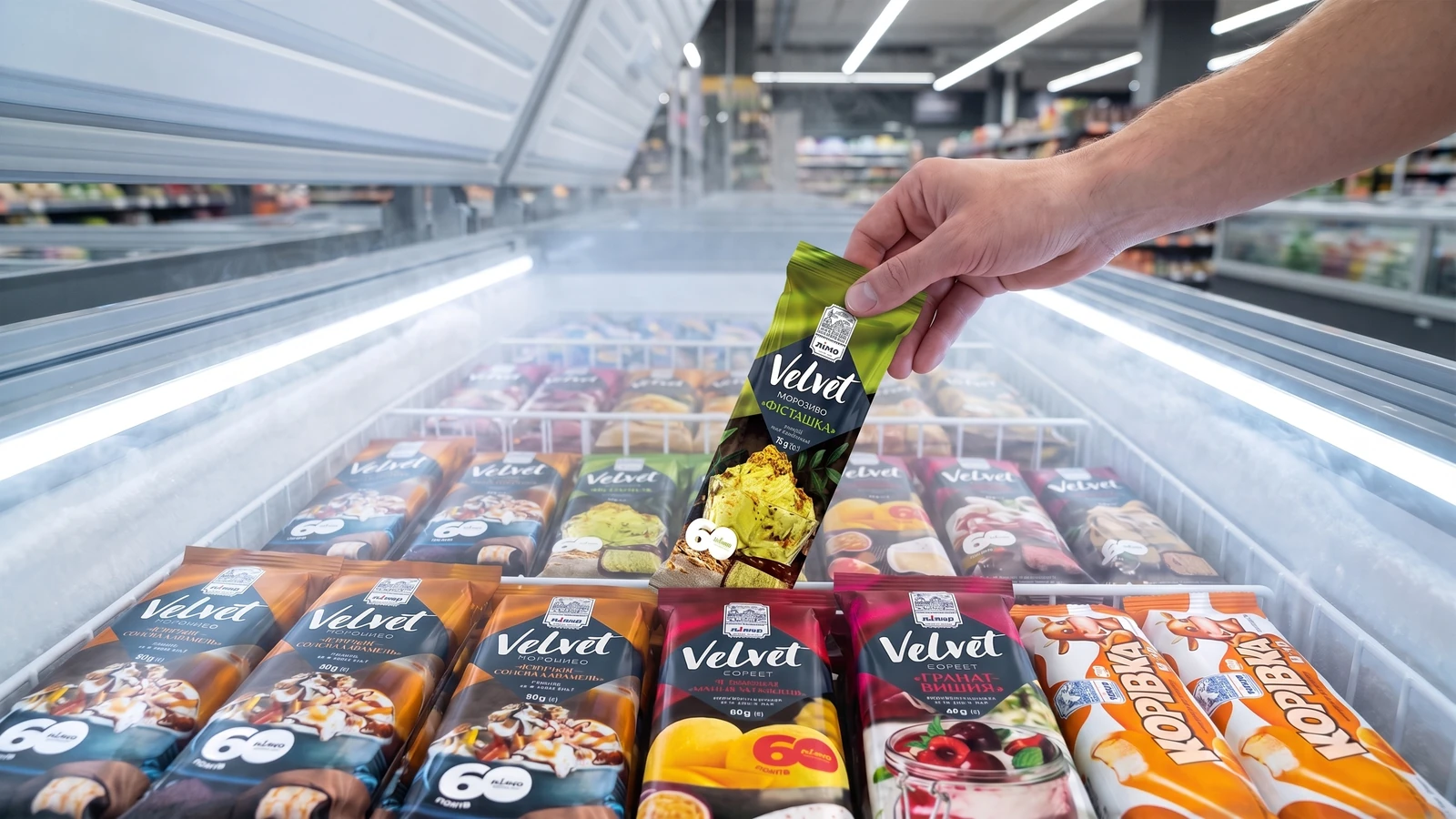 Pessoa escolhendo um sabor diferente entre várias opções de sorvete Gelimo.